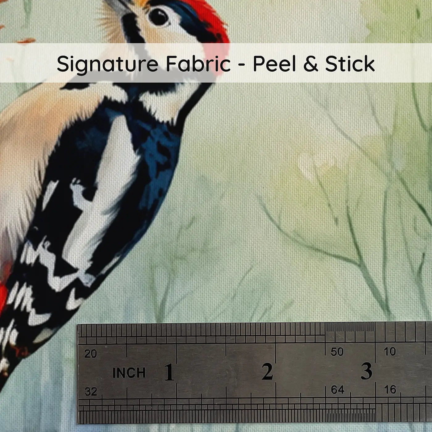 Fabric texture close-up of Woodpecker on Silver Birch Wallpaper Mural by Whimsy Tots