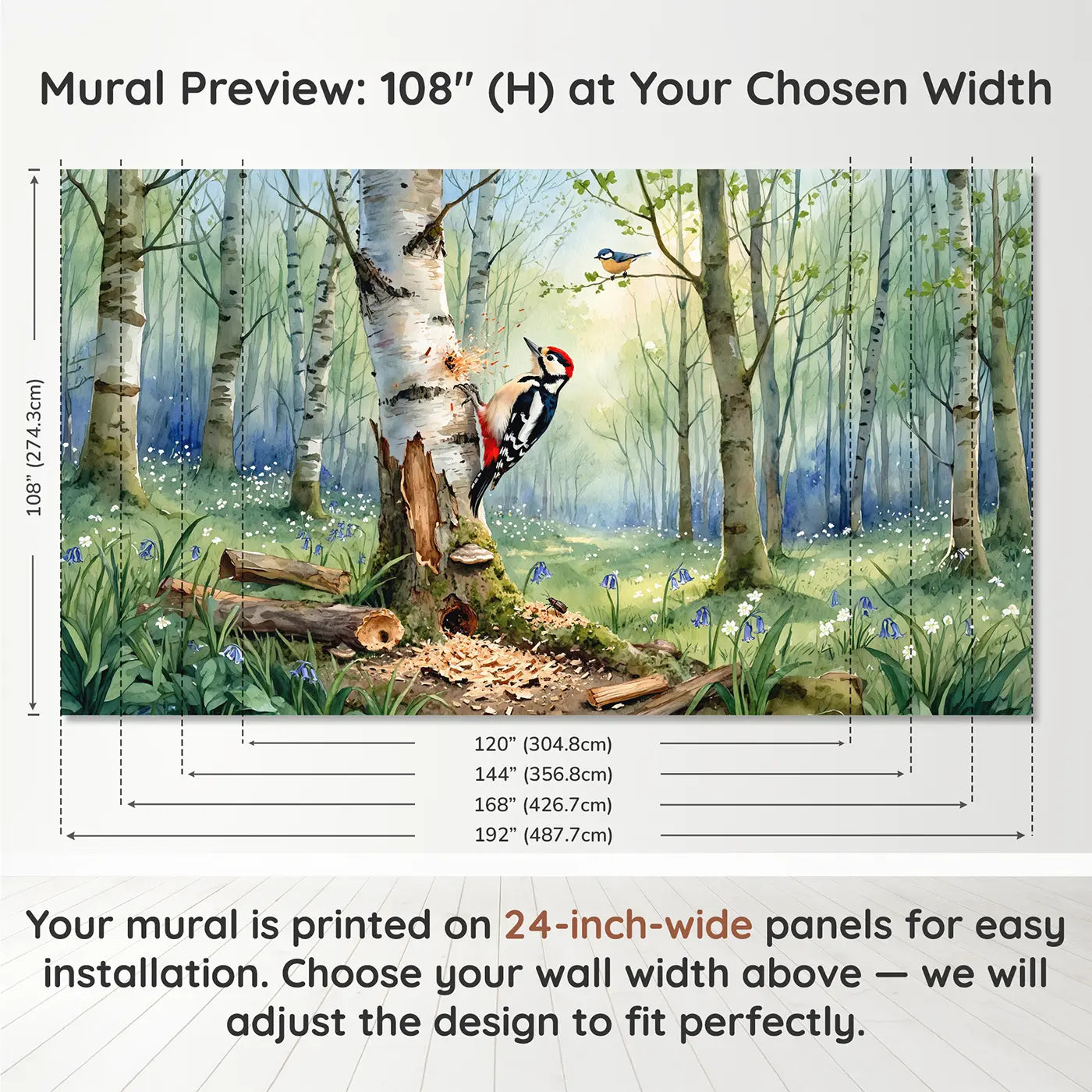 Panel layout and dimensions for Woodpecker on Silver Birch Wallpaper Mural by Whimsy Tots