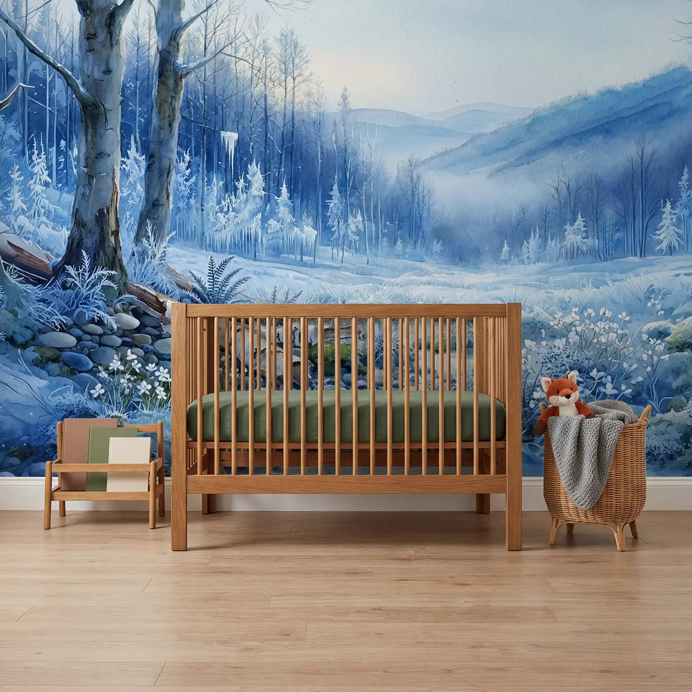 Watercolor frozen forest icicles winter wallpaper mural for nursery by Whimsy Tots
