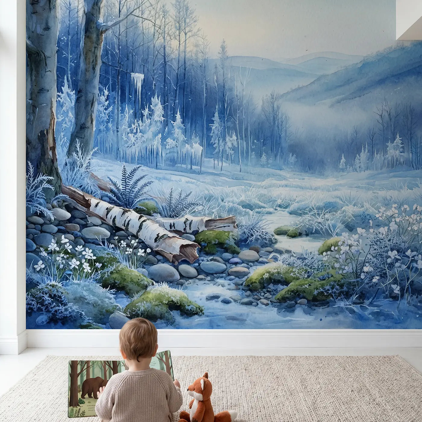 Child in nursery with Frozen Forest Icicles Frost Wallpaper Mural by Whimsy Tots