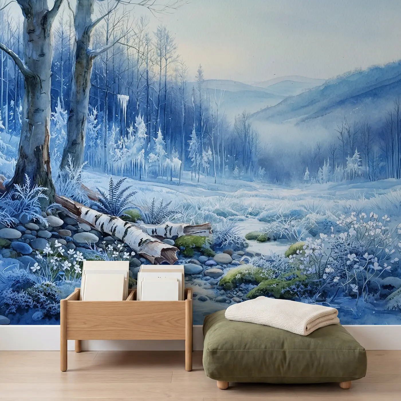 Frozen Forest Icicles Frost Wallpaper Mural in playroom setting by Whimsy Tots