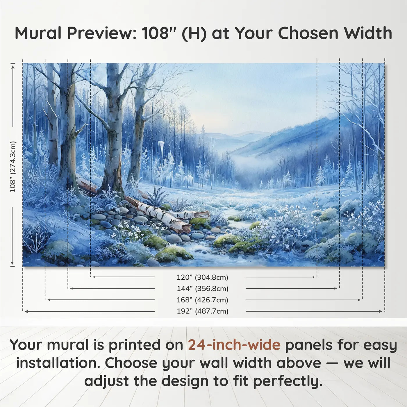 Panel layout and dimensions for Frozen Forest Icicles Frost Wallpaper Mural by Whimsy Tots