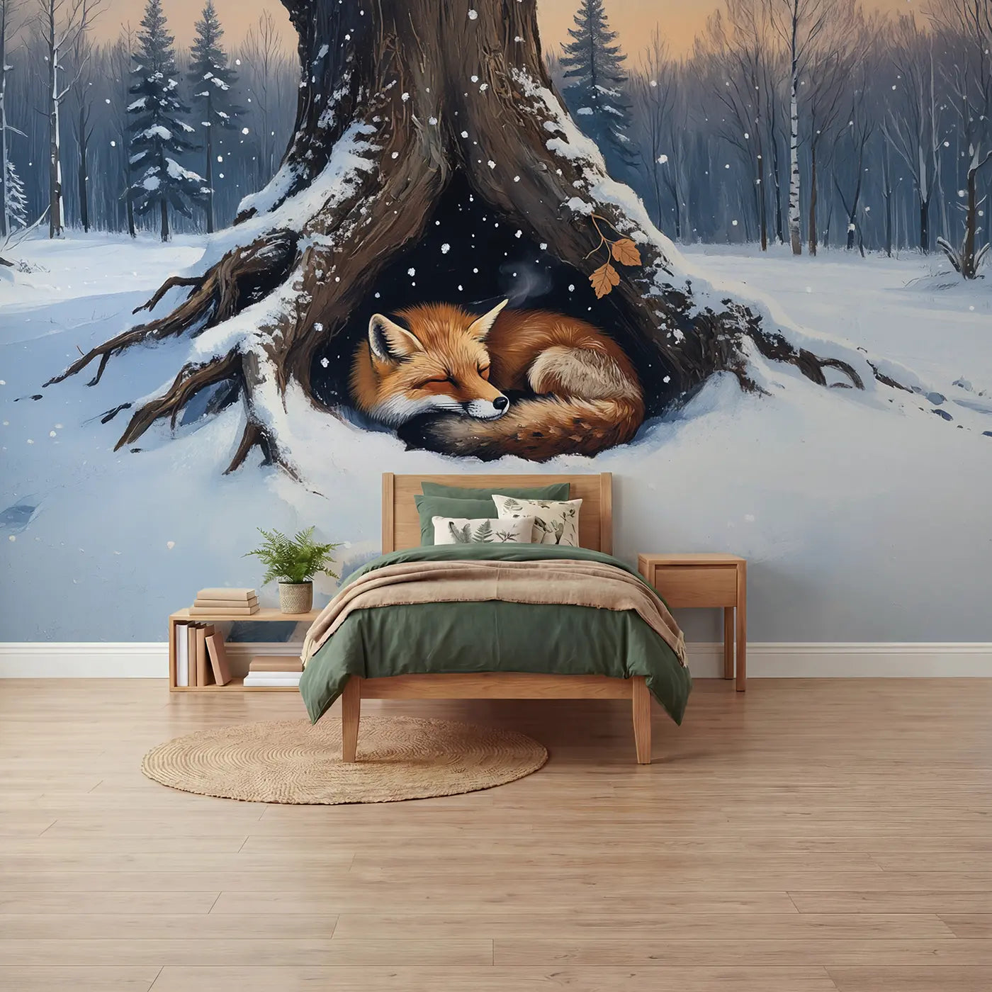 Painted Landscape snowy fox hollow twilight wallpaper mural for kids room by Whimsy Tots