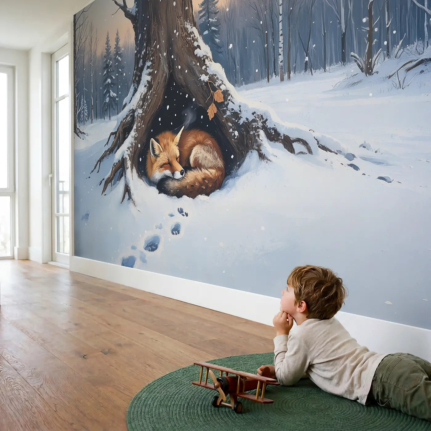 Child in nursery with Snowy Fox Hollow Twilight Wallpaper Mural by Whimsy Tots