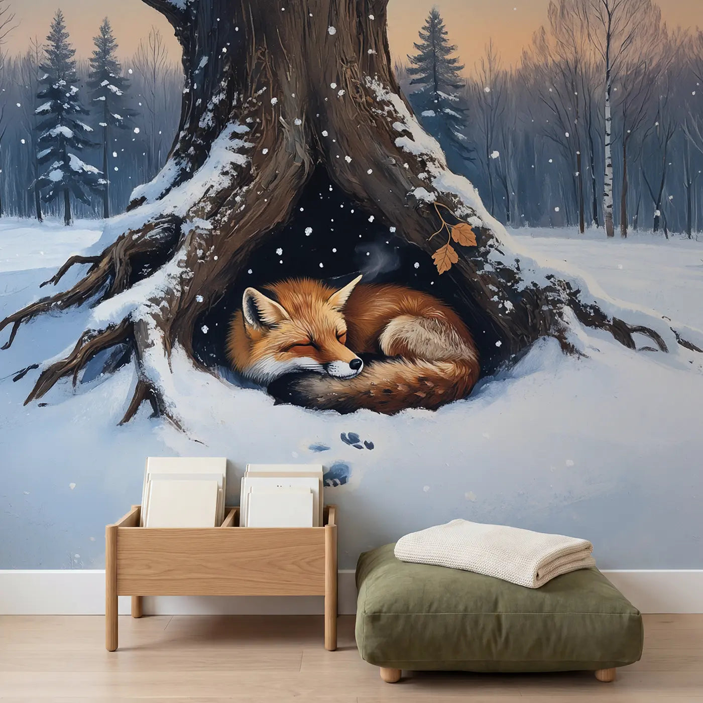 Snowy Fox Hollow Twilight Wallpaper Mural in playroom setting by Whimsy Tots
