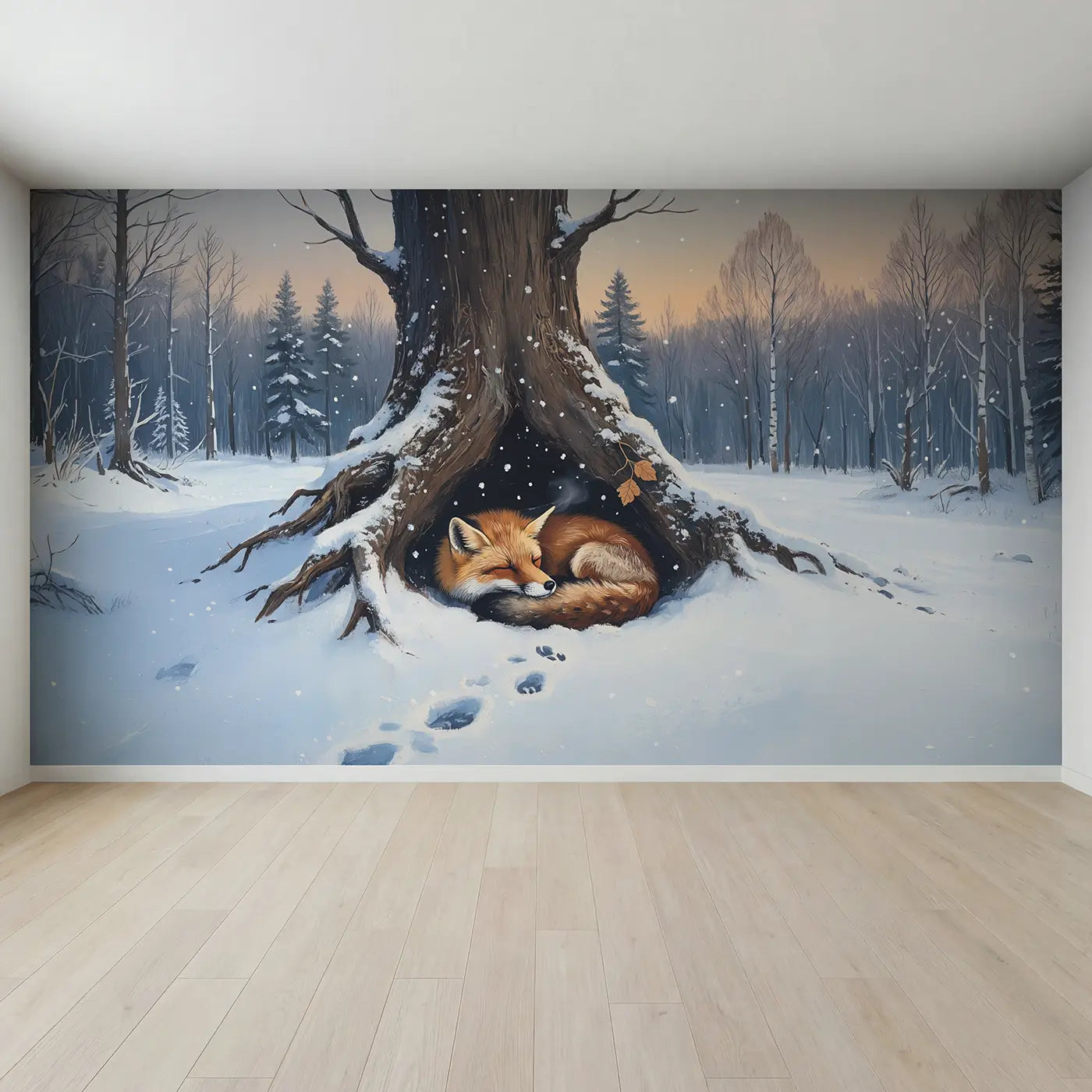 Full view of Snowy Fox Hollow Twilight Wallpaper Mural by Whimsy Tots