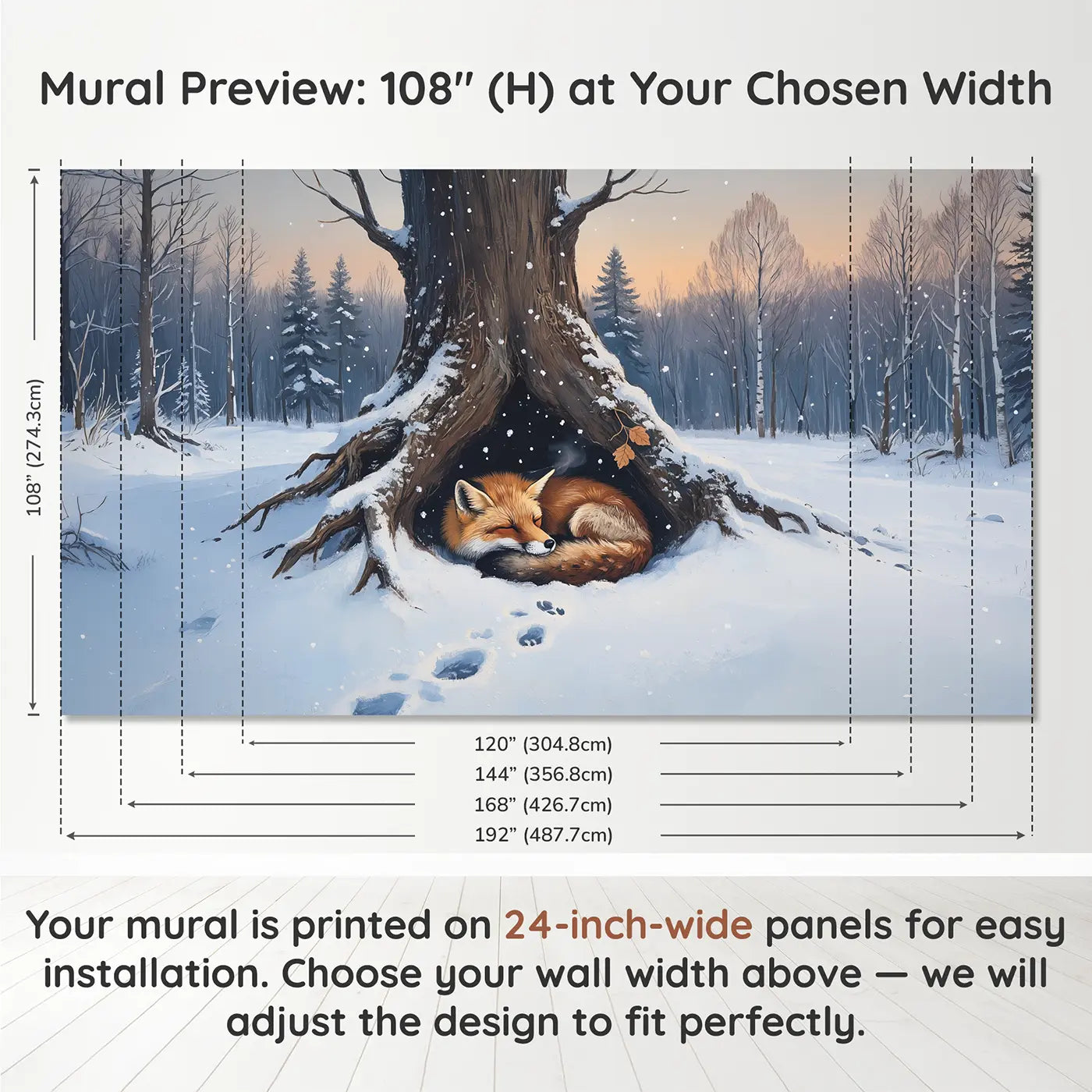 Panel layout and dimensions for Snowy Fox Hollow Twilight Wallpaper Mural by Whimsy Tots