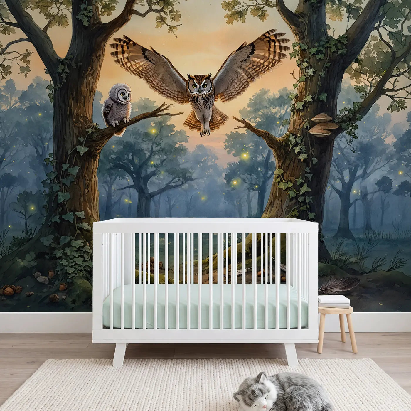 Watercolor owl flying lesson forest dusk wallpaper mural for girls nursery by Whimsy Tots