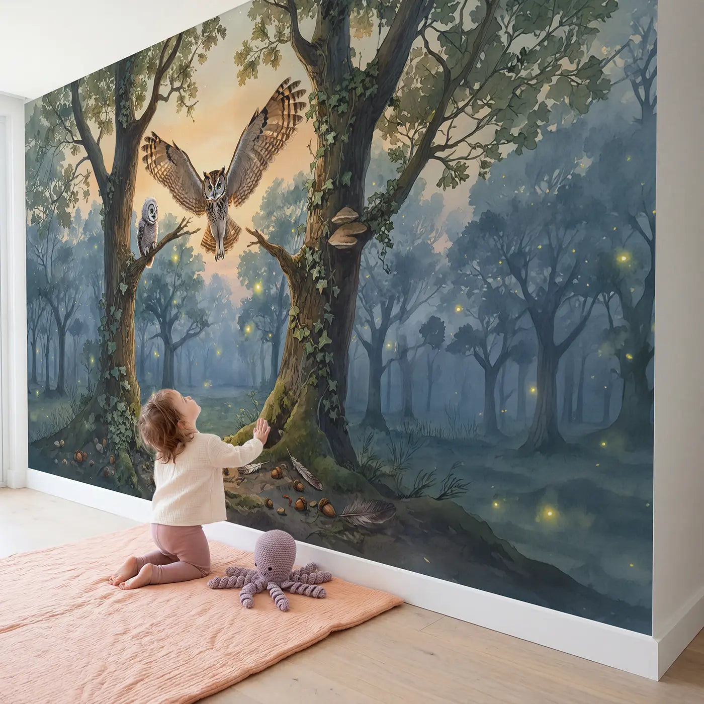 Child in nursery with Owl Flying Lesson Wallpaper Mural by Whimsy Tots