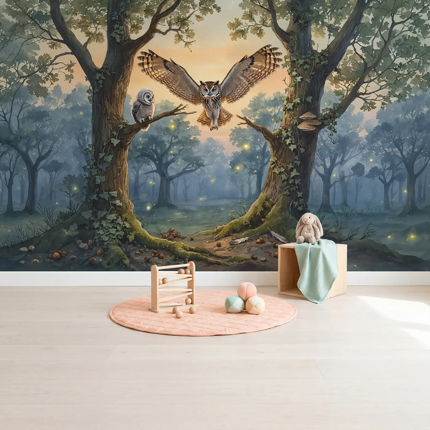 Owl Flying Lesson Wallpaper Mural in playroom setting by Whimsy Tots