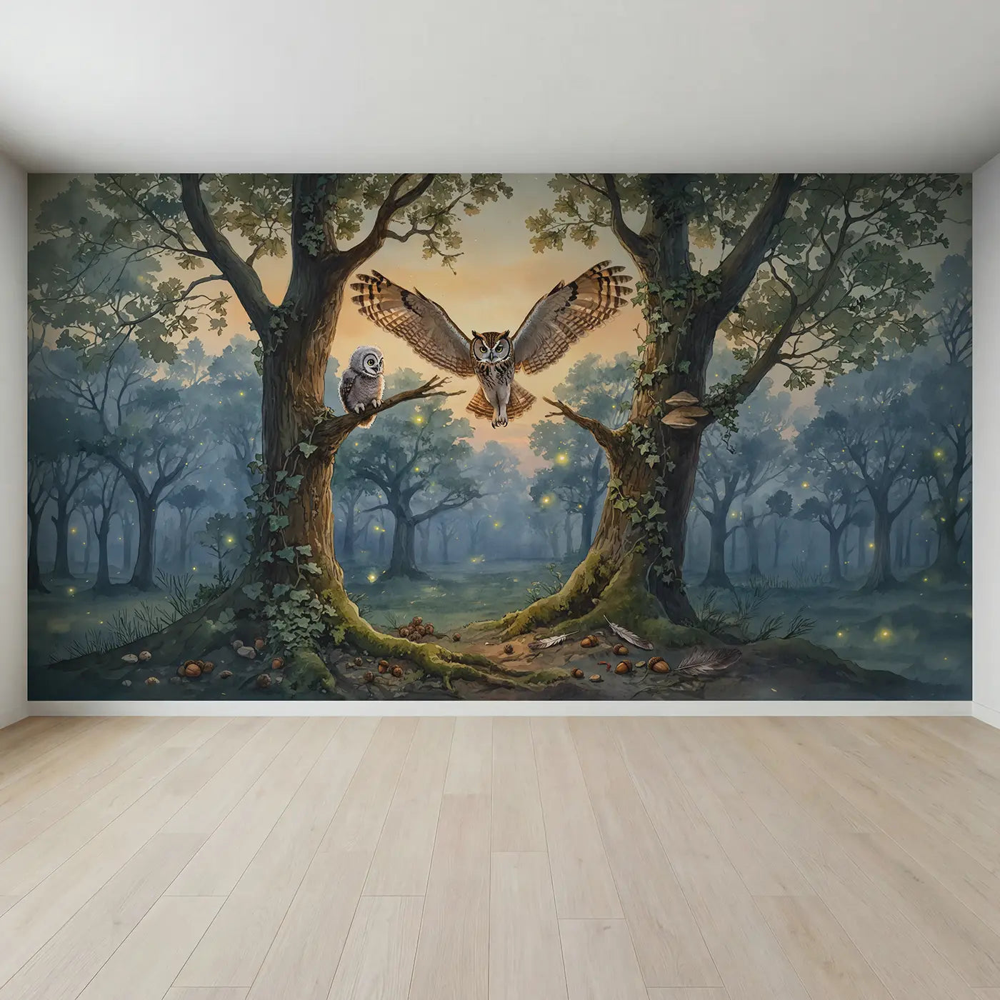 Full view of Owl Flying Lesson Wallpaper Mural by Whimsy Tots