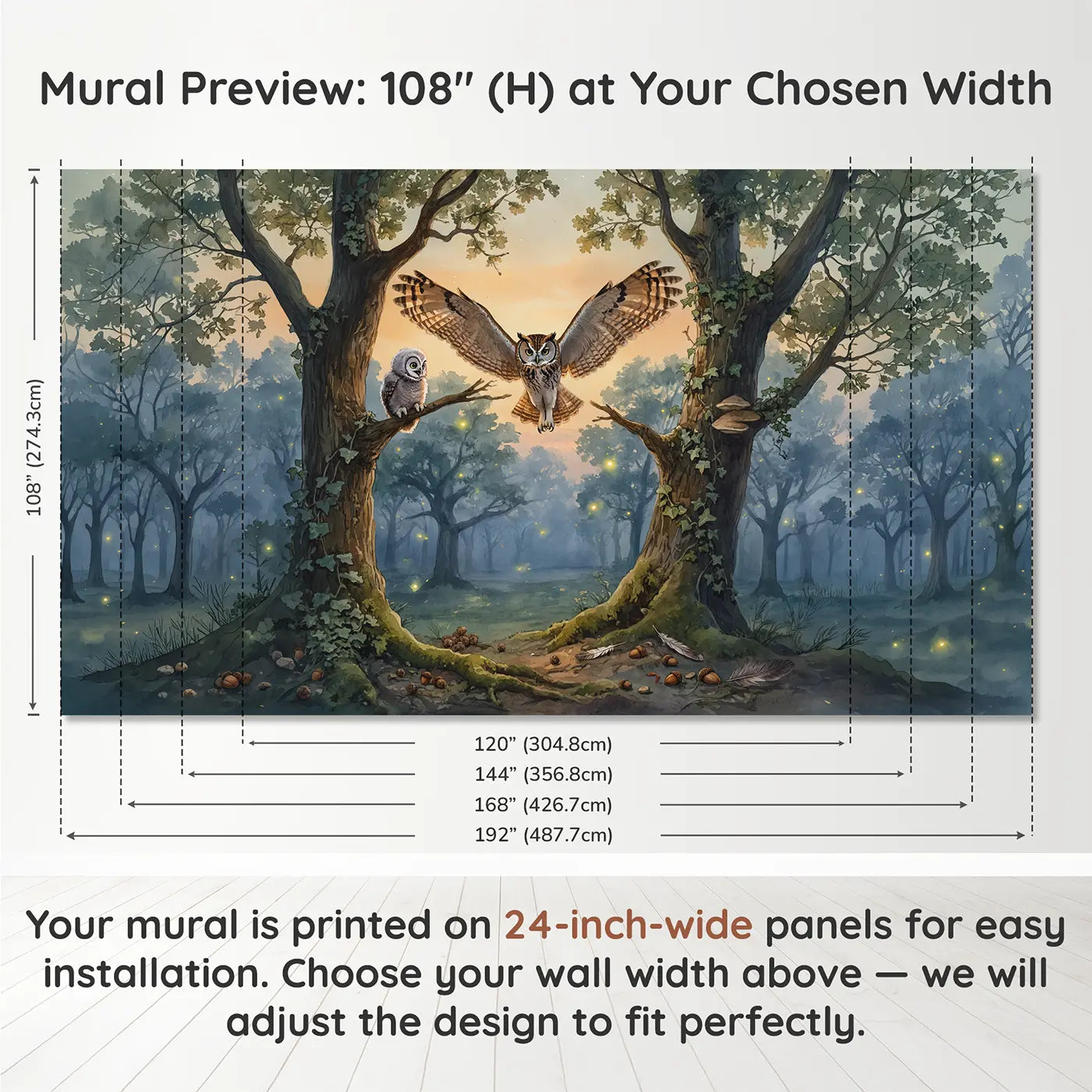 Panel layout and dimensions for Owl Flying Lesson Wallpaper Mural by Whimsy Tots