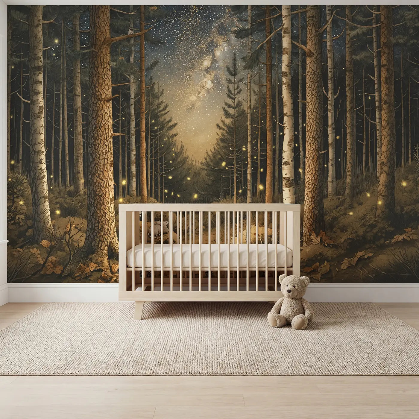 storybook starlit forest owl canopy wallpaper mural for kids room by Whimsy Tots