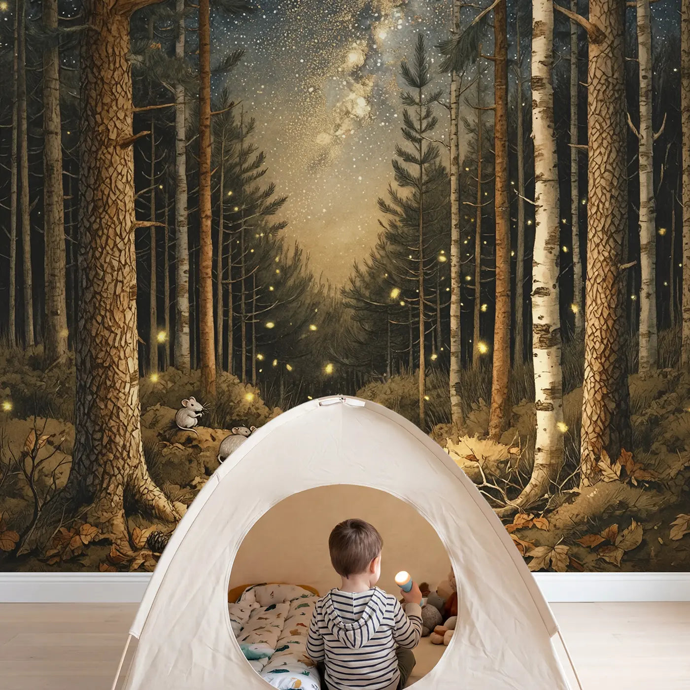 Child in nursery with Starlit Forest Owl Canopy Wallpaper Mural by Whimsy Tots
