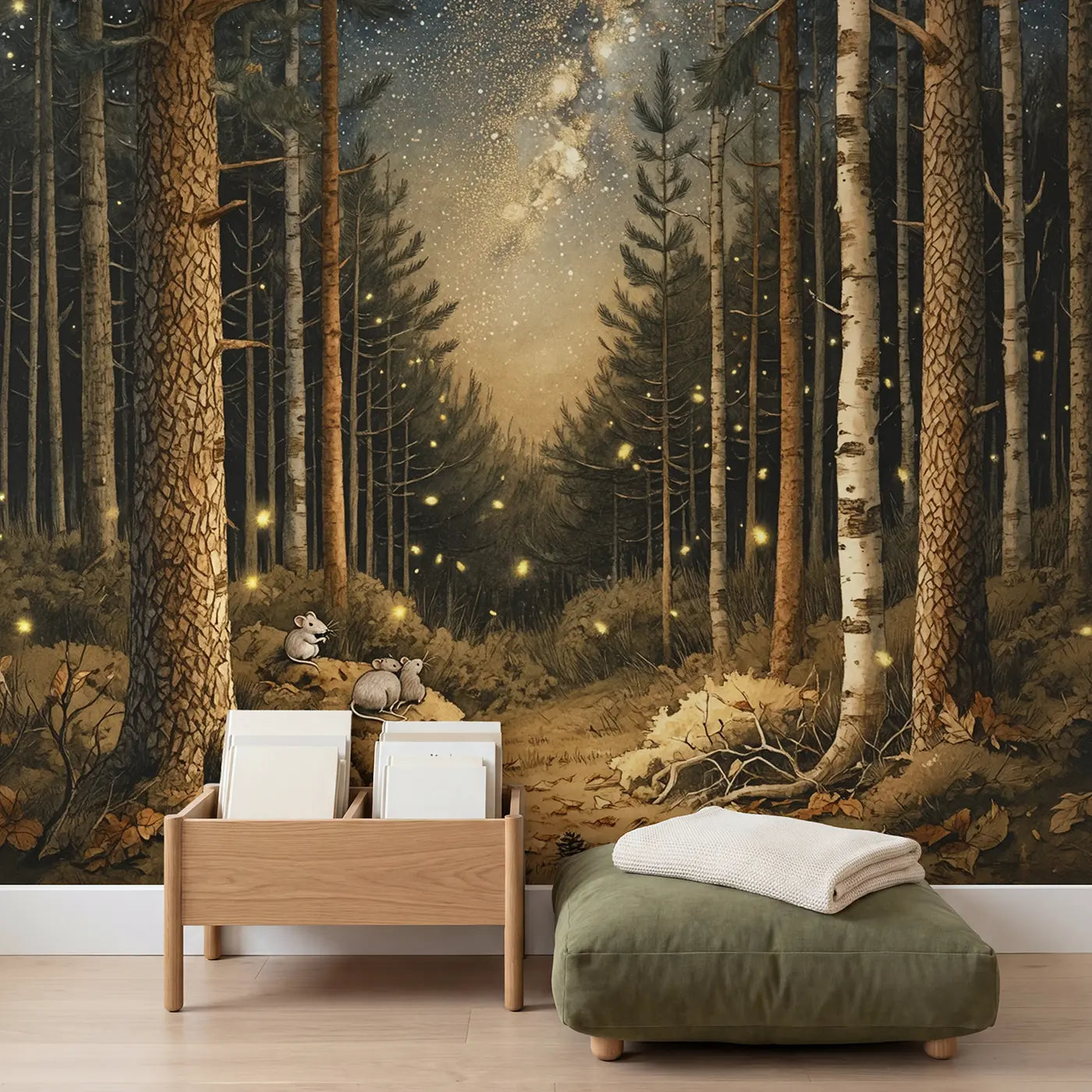 Starlit Forest Owl Canopy Wallpaper Mural in playroom setting by Whimsy Tots