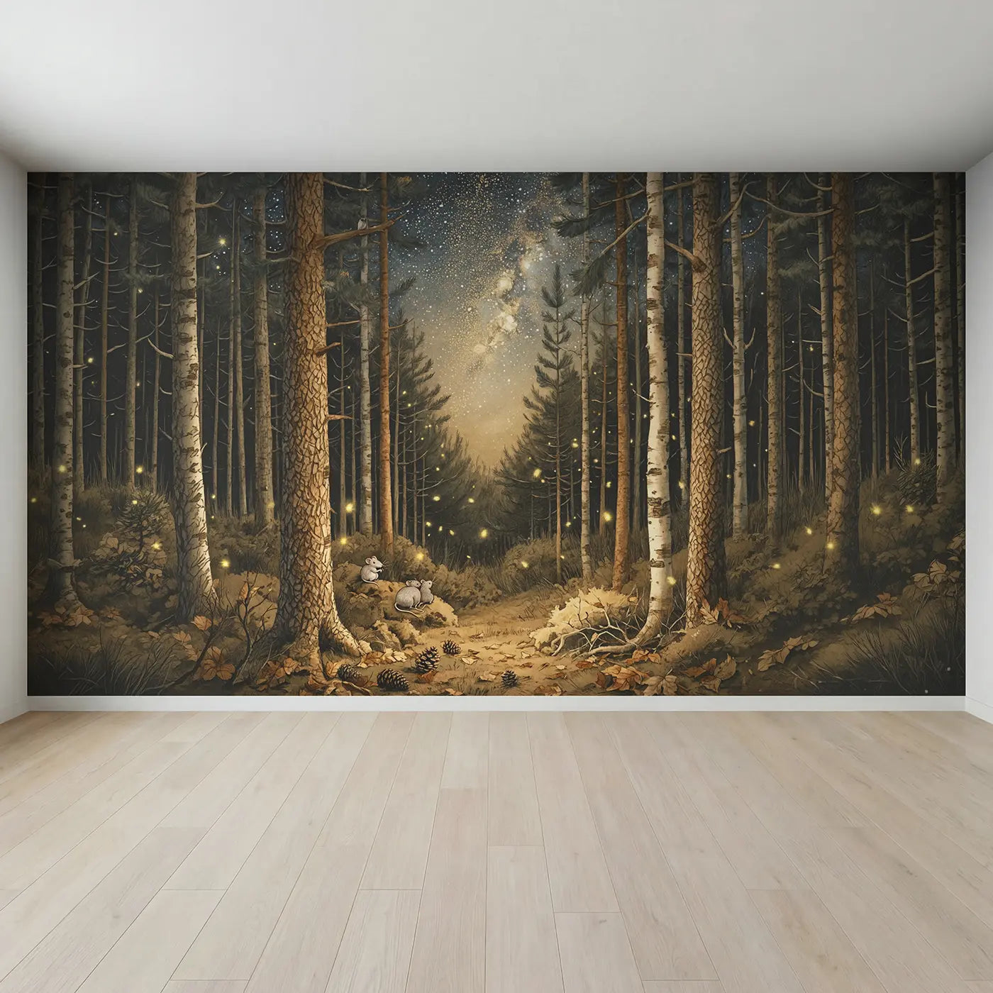 Full view of Starlit Forest Owl Canopy Wallpaper Mural by Whimsy Tots