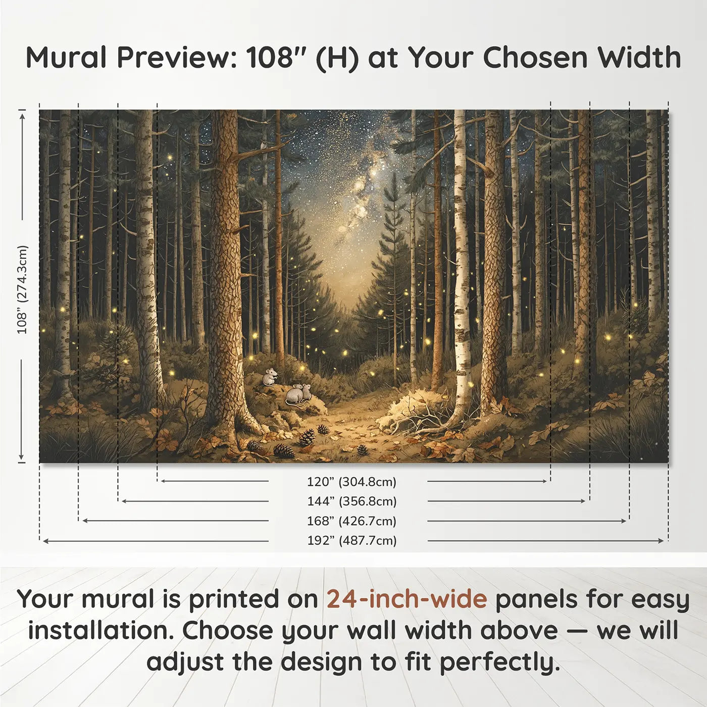 Panel layout and dimensions for Starlit Forest Owl Canopy Wallpaper Mural by Whimsy Tots