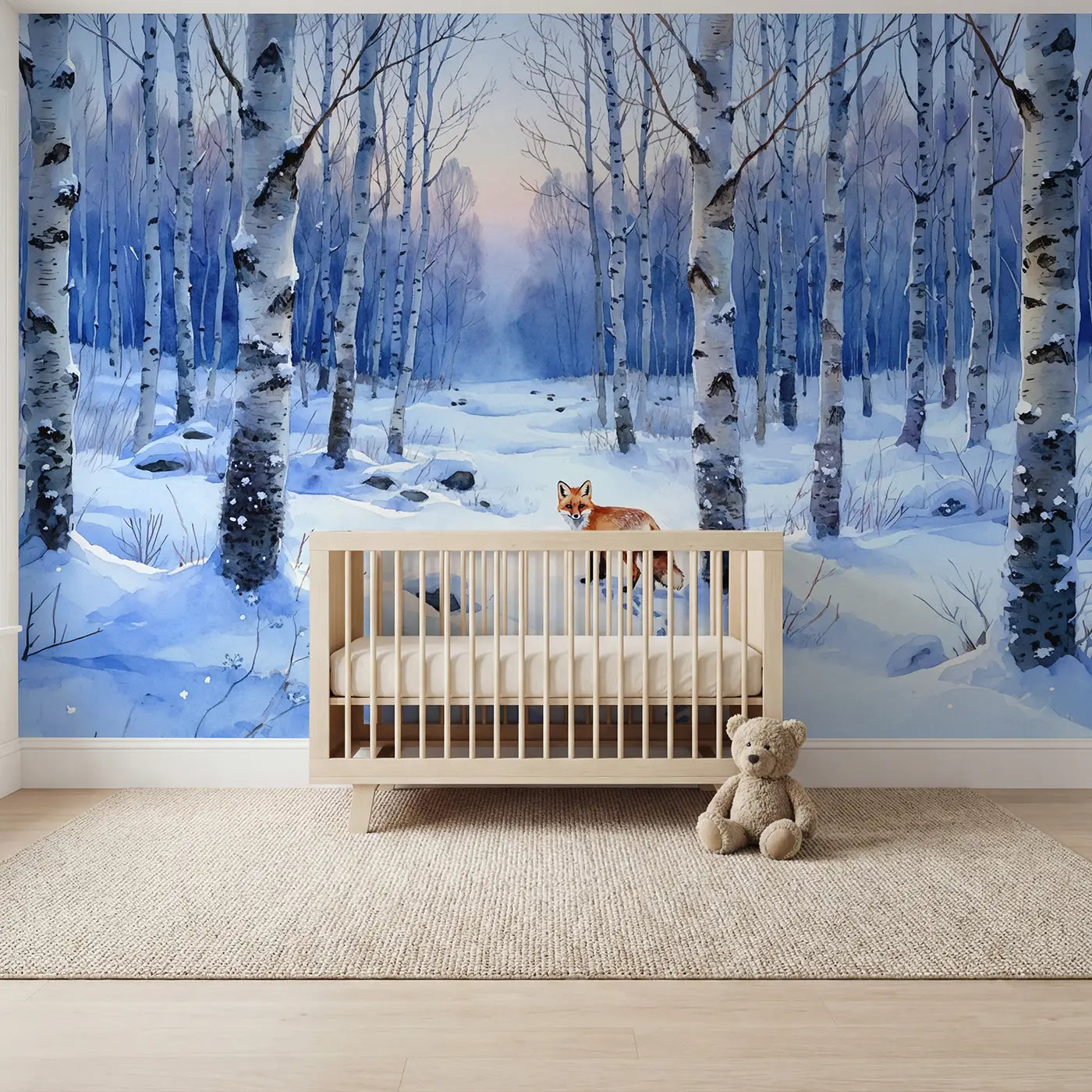 Watercolor fox birch grove snow moonlight wallpaper mural for nursery by Whimsy Tots