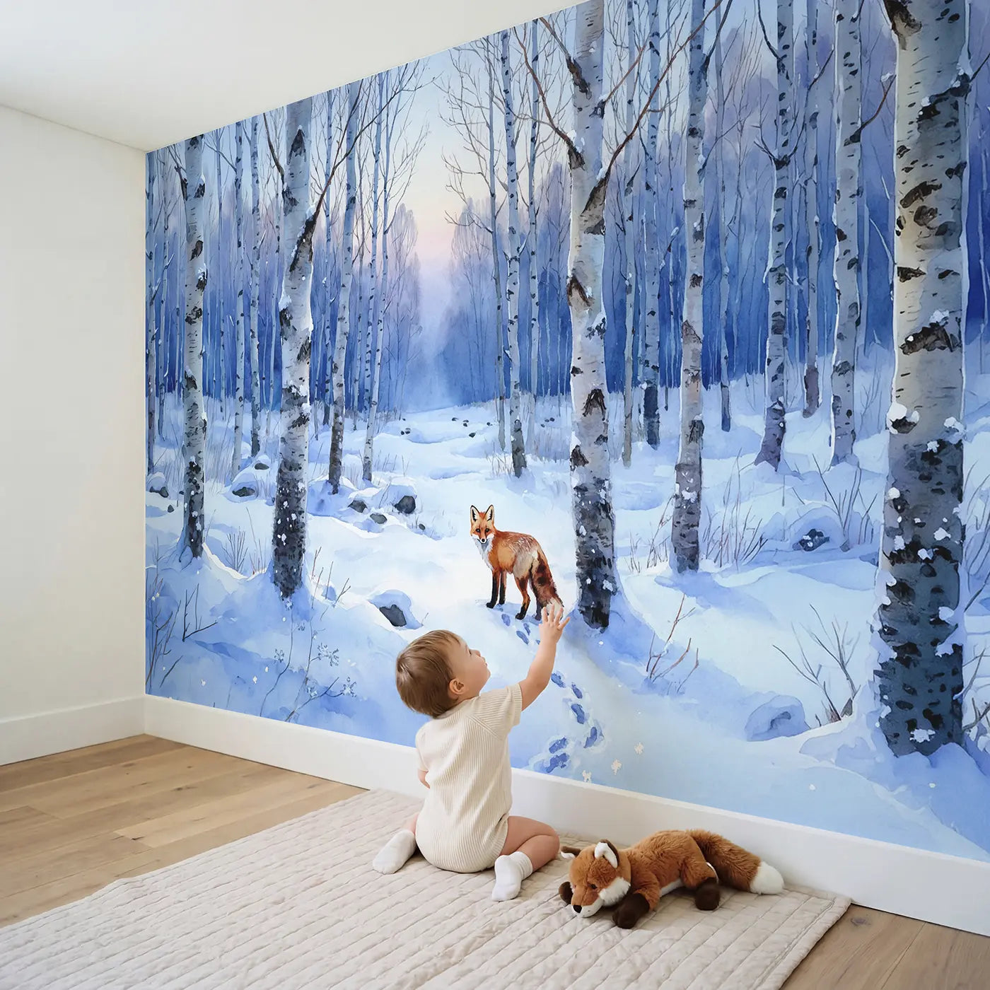 Child in nursery with Winter Fox Birch Grove Wallpaper Mural by Whimsy Tots