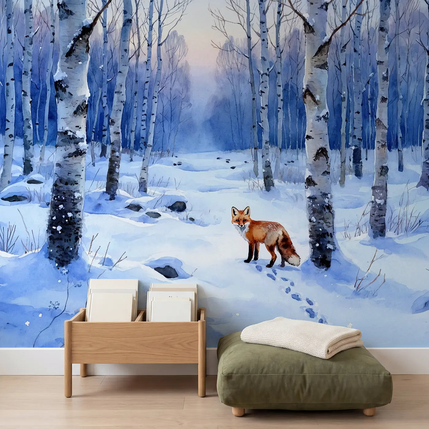 Winter Fox Birch Grove Wallpaper Mural in playroom setting by Whimsy Tots