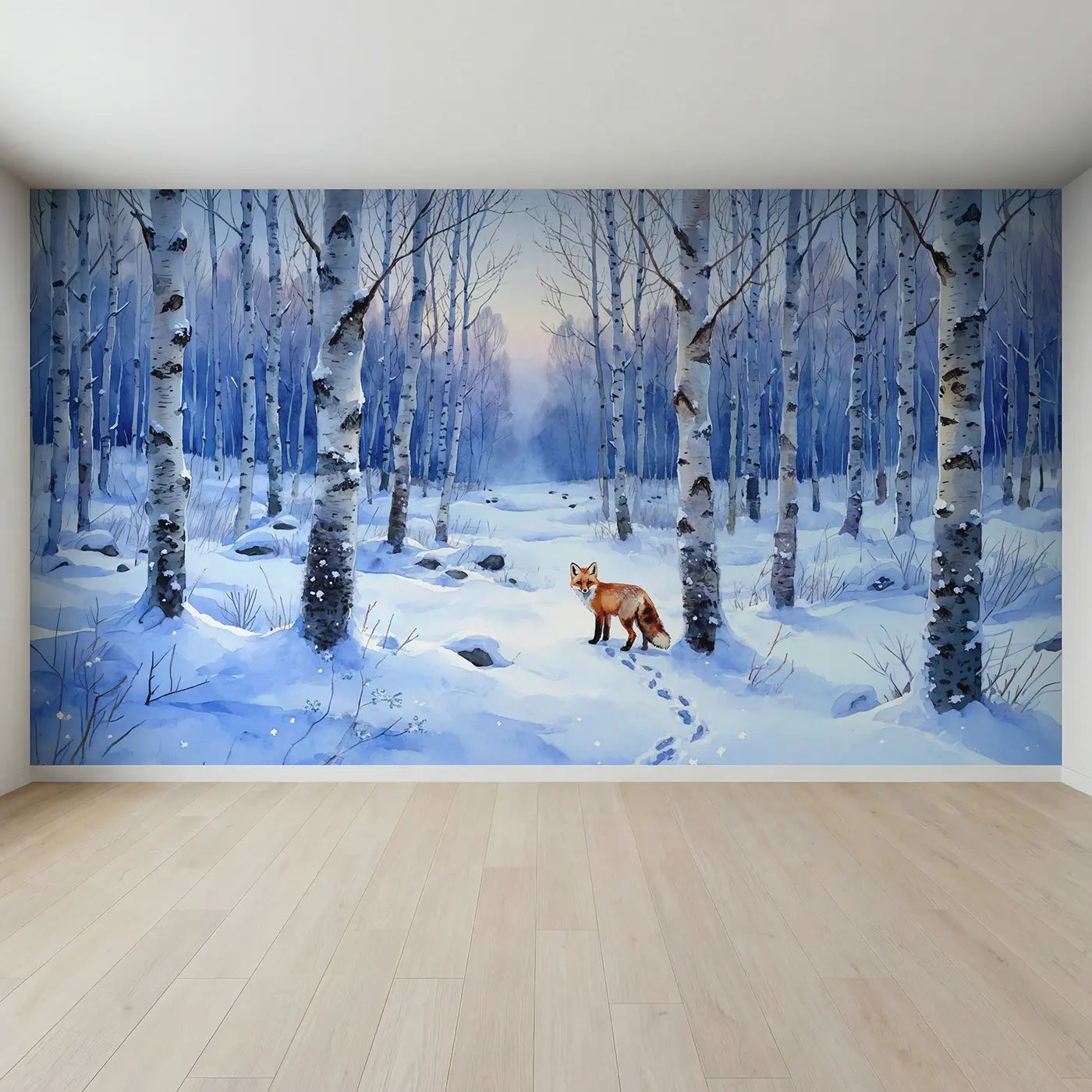 Full view of Winter Fox Birch Grove Wallpaper Mural by Whimsy Tots