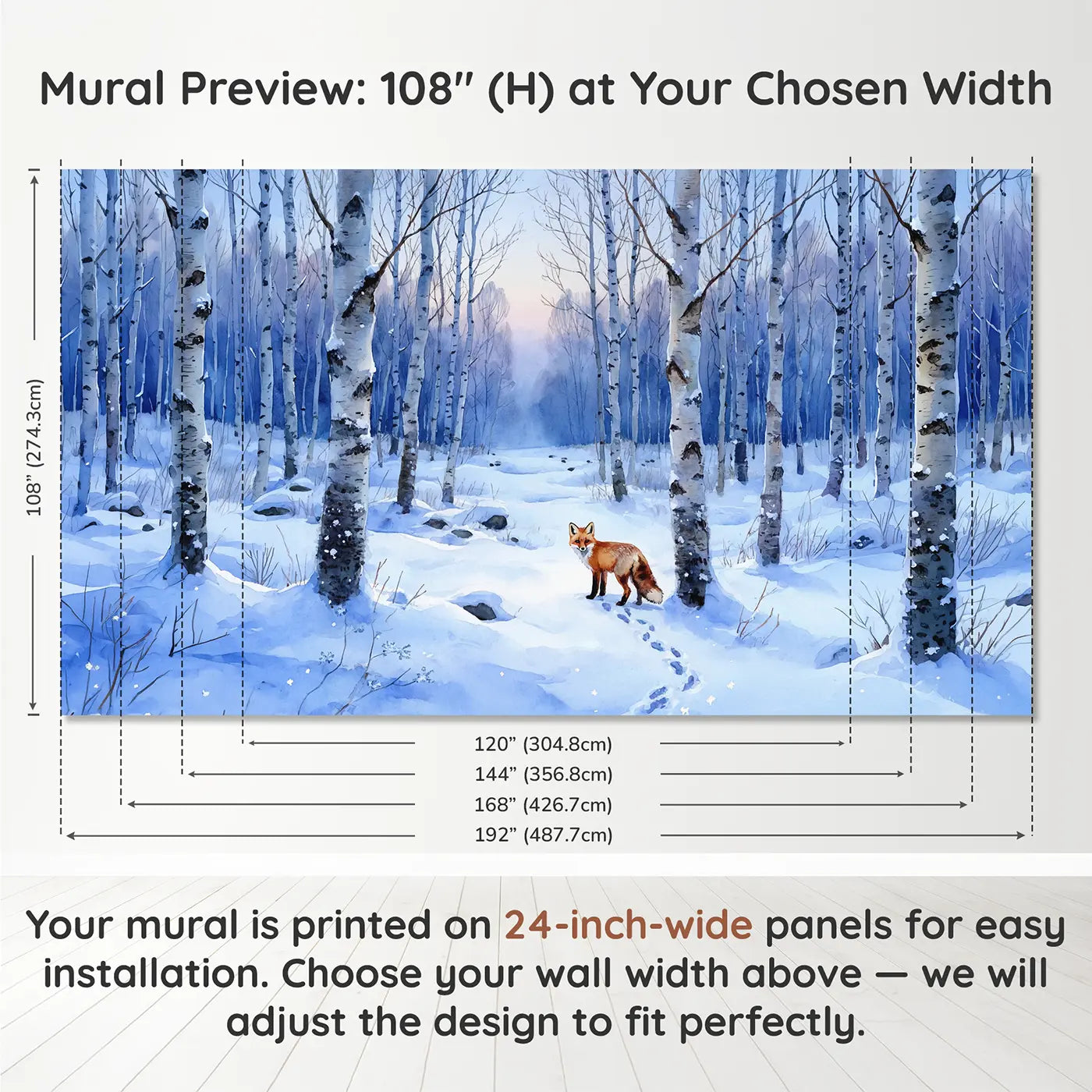 Panel layout and dimensions for Winter Fox Birch Grove Wallpaper Mural by Whimsy Tots