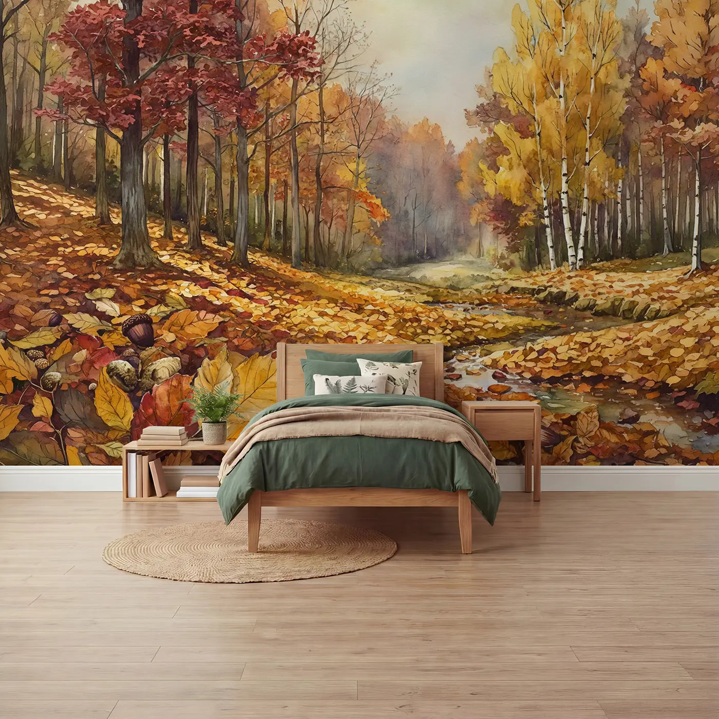 Watercolor autumn forest leaf carpet wallpaper mural for kids room by Whimsy Tots