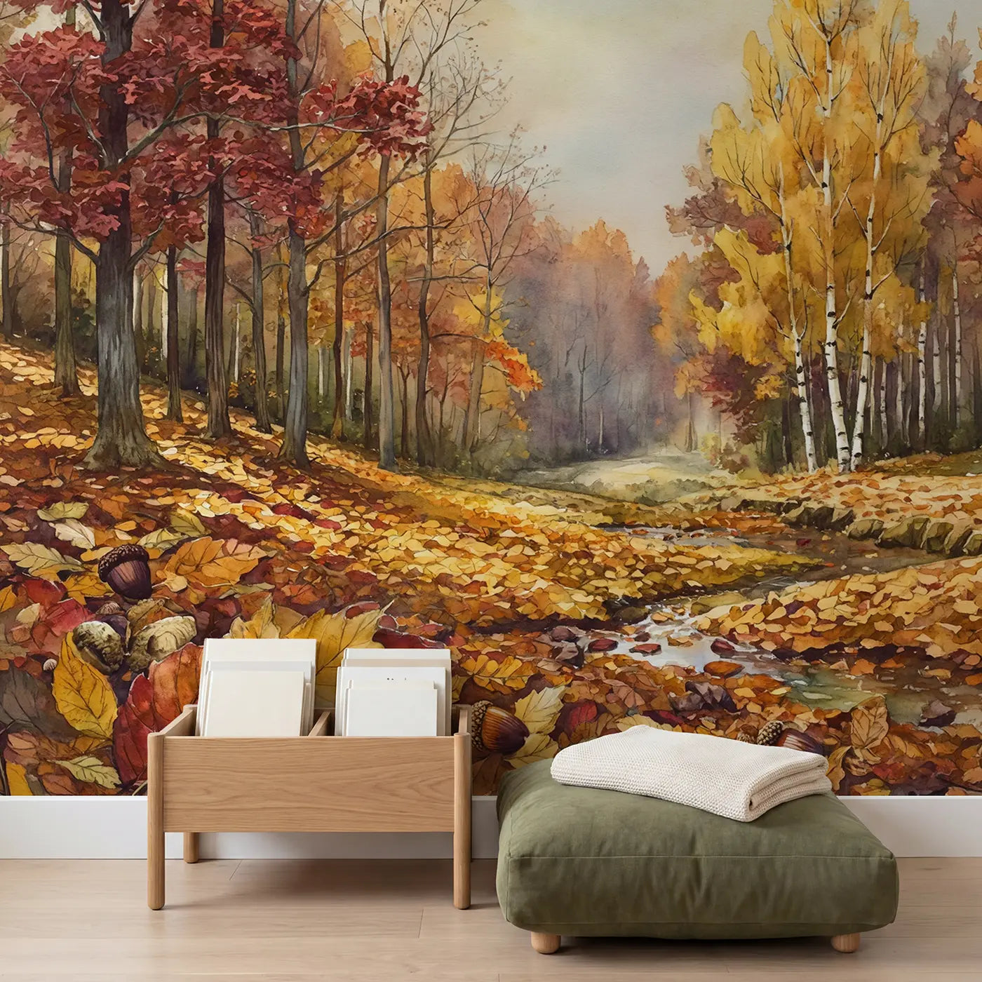 Autumn Leaf Carpet Forest Wallpaper Mural in playroom setting by Whimsy Tots