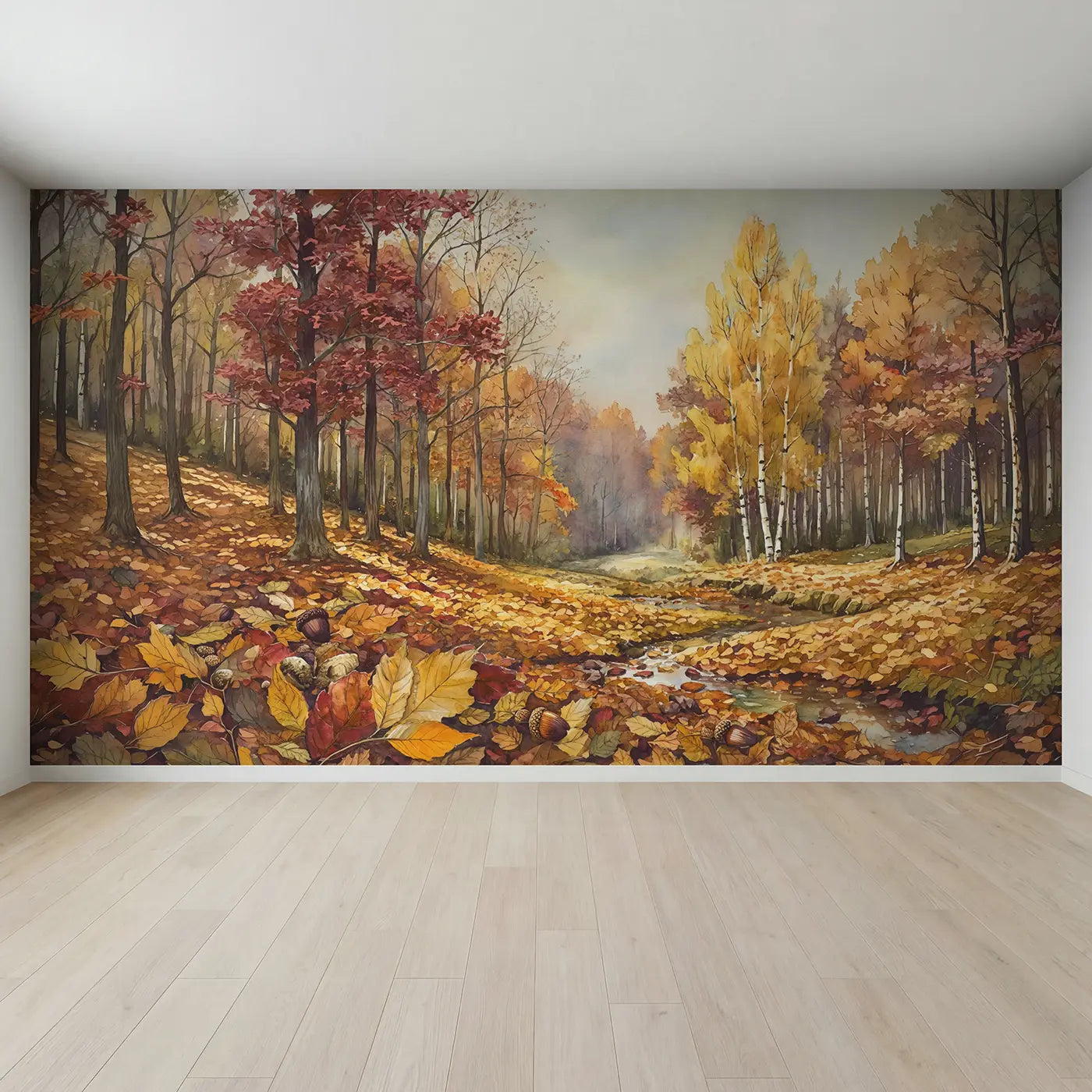 Full view of Autumn Leaf Carpet Forest Wallpaper Mural by Whimsy Tots