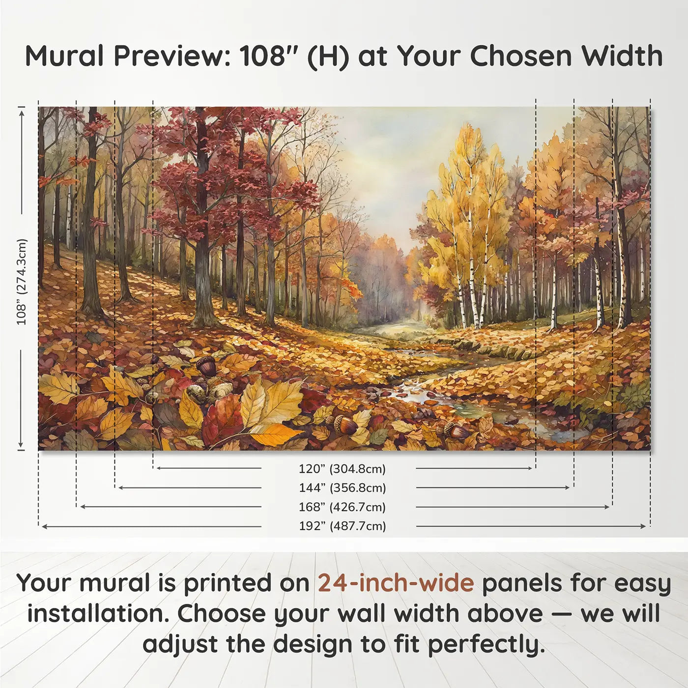 Panel layout and dimensions for Autumn Leaf Carpet Forest Wallpaper Mural by Whimsy Tots