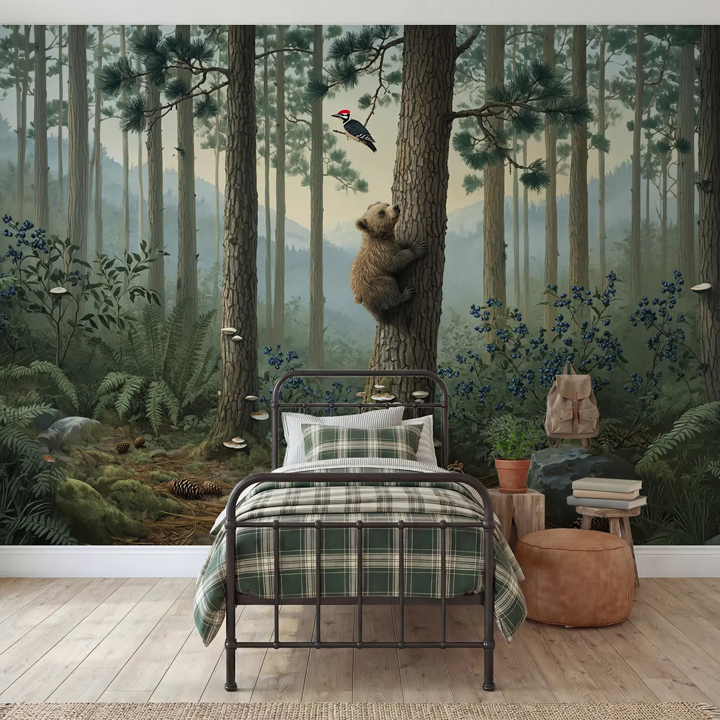Botanical elegance bear cub climbing pine wallpaper mural for kids room by Whimsy Tots
