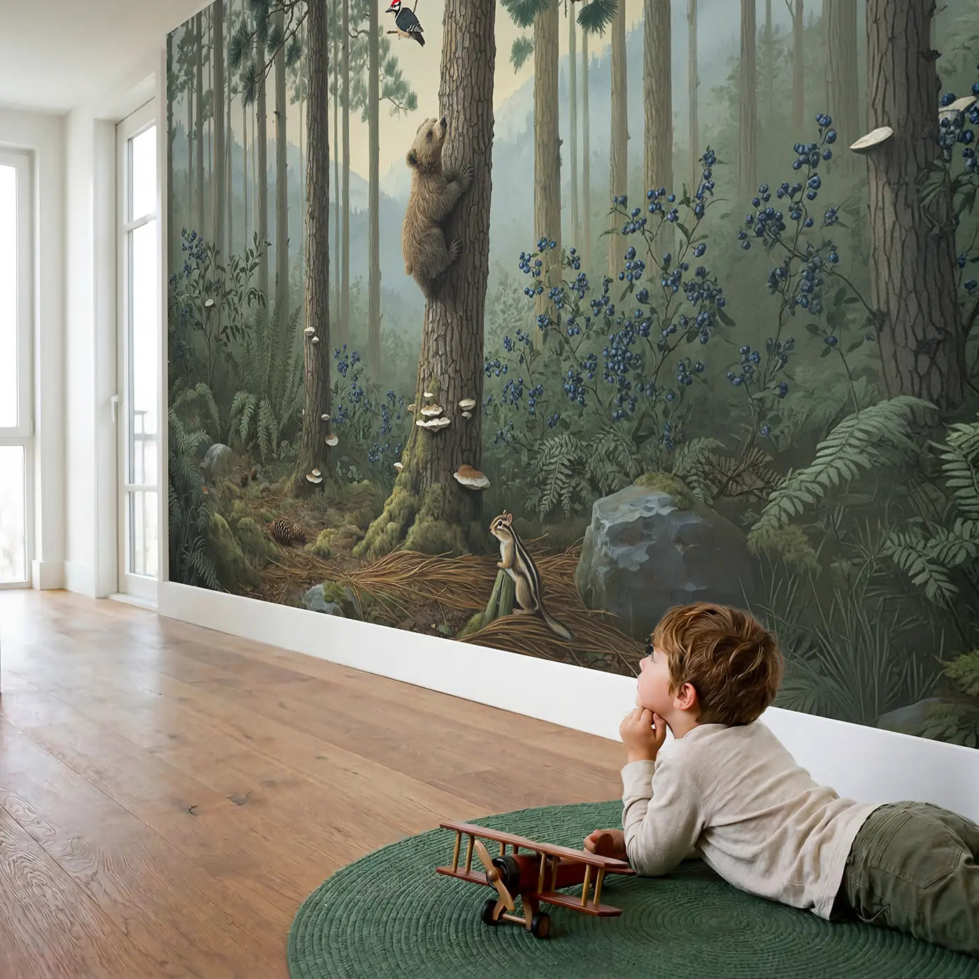Child in nursery with Bear Cub Pine Climb Wallpaper Mural by Whimsy Tots