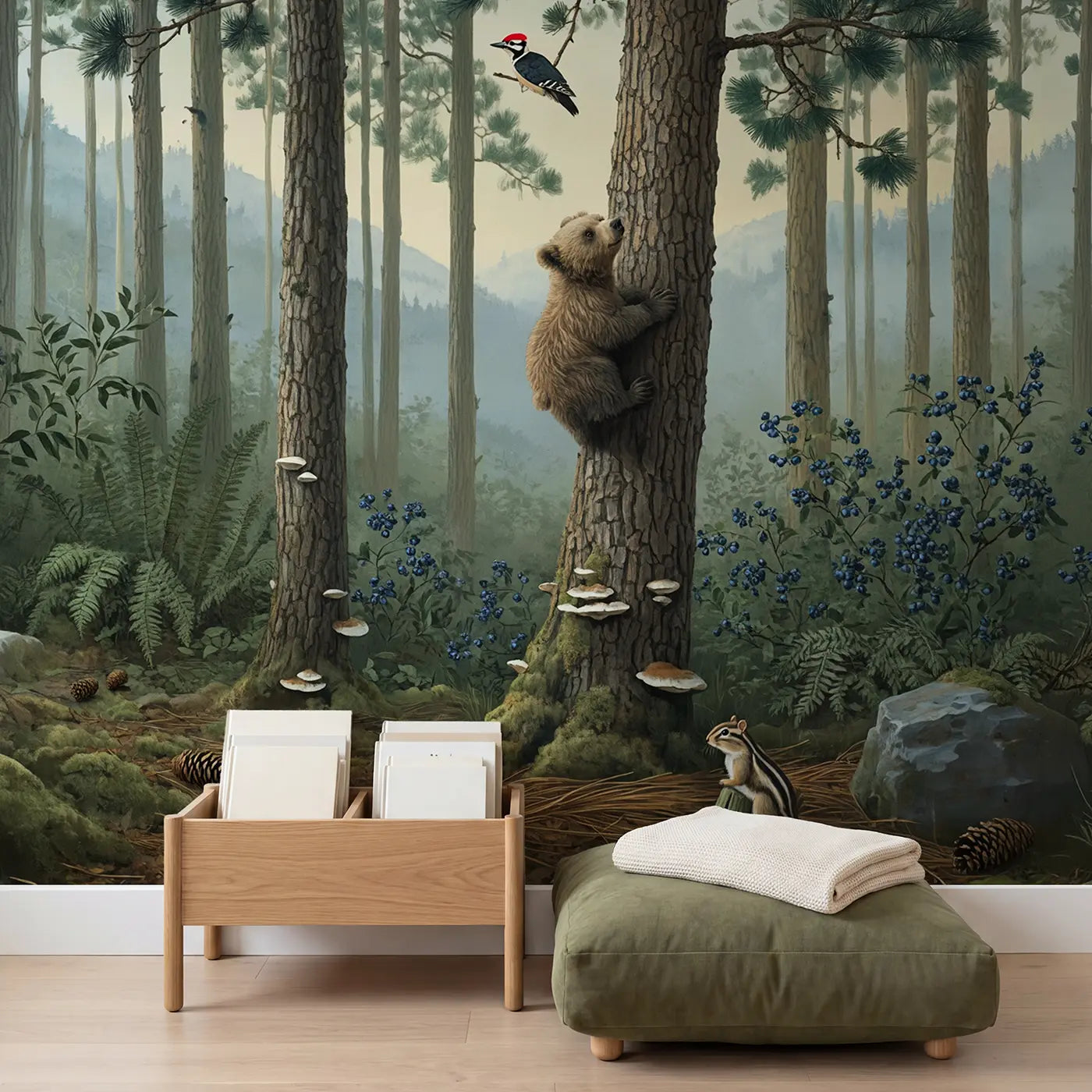 Bear Cub Pine Climb Wallpaper Mural in playroom setting by Whimsy Tots