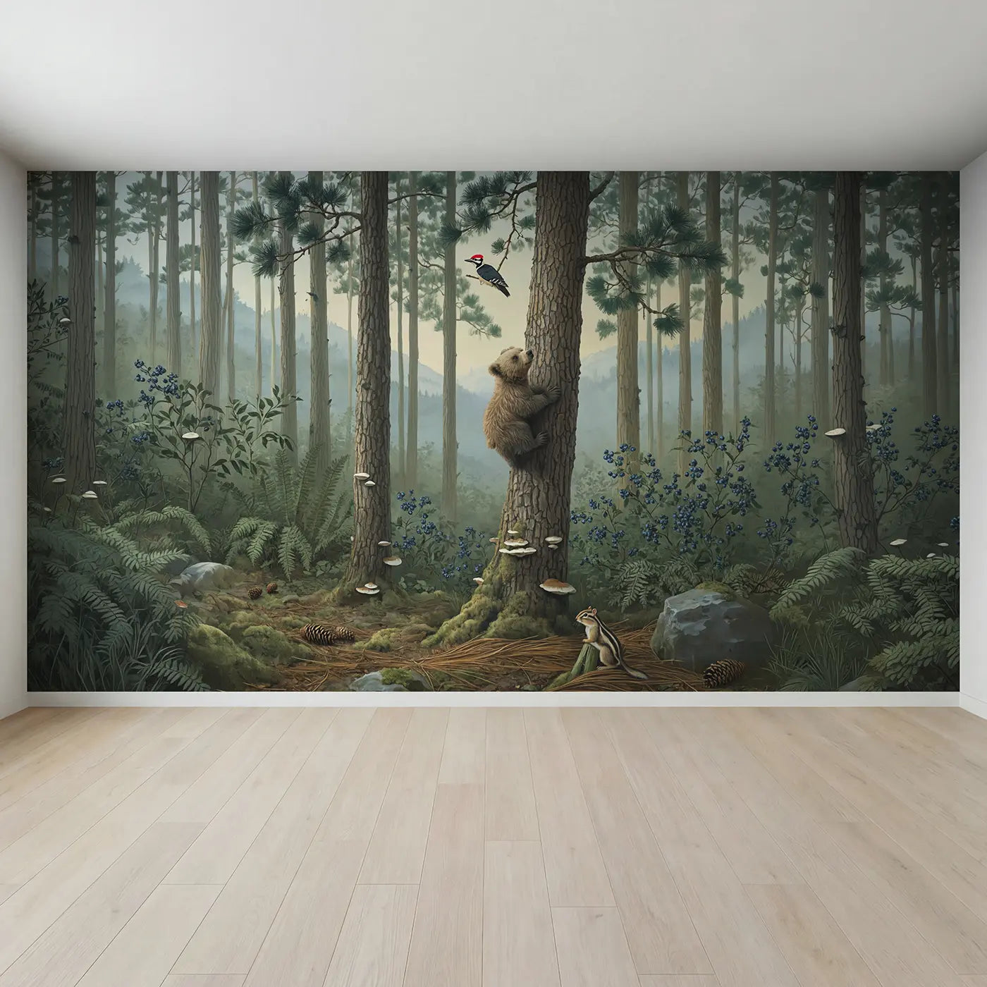 Full view of Bear Cub Pine Climb Wallpaper Mural by Whimsy Tots