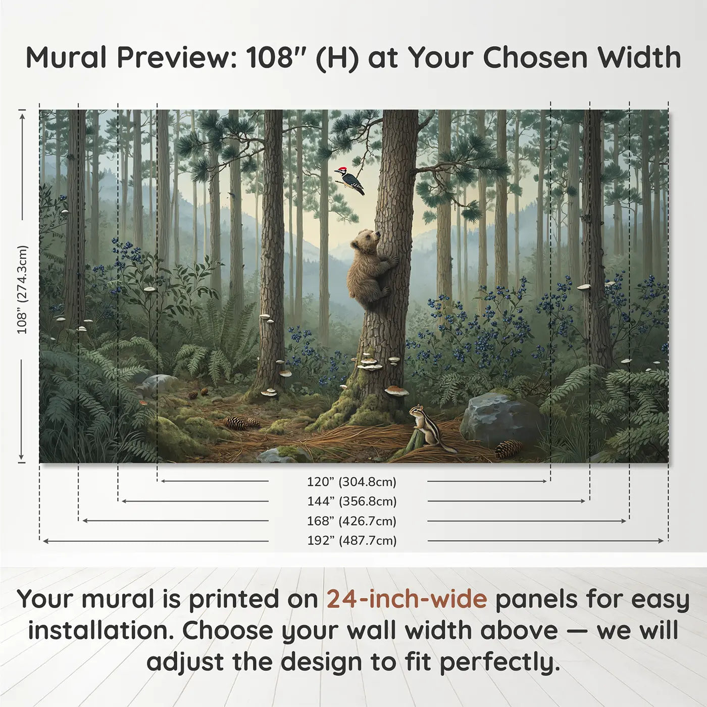 Panel layout and dimensions for Bear Cub Pine Climb Wallpaper Mural by Whimsy Tots