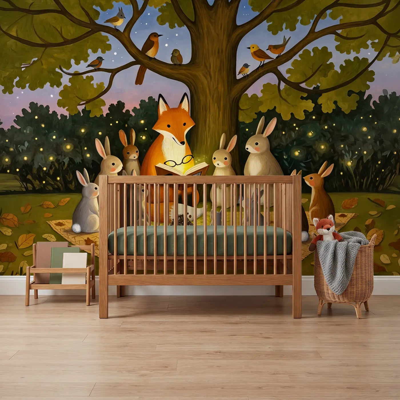 Gouache illustration fox and forest wallpaper mural for kids room by Whimsy Tots