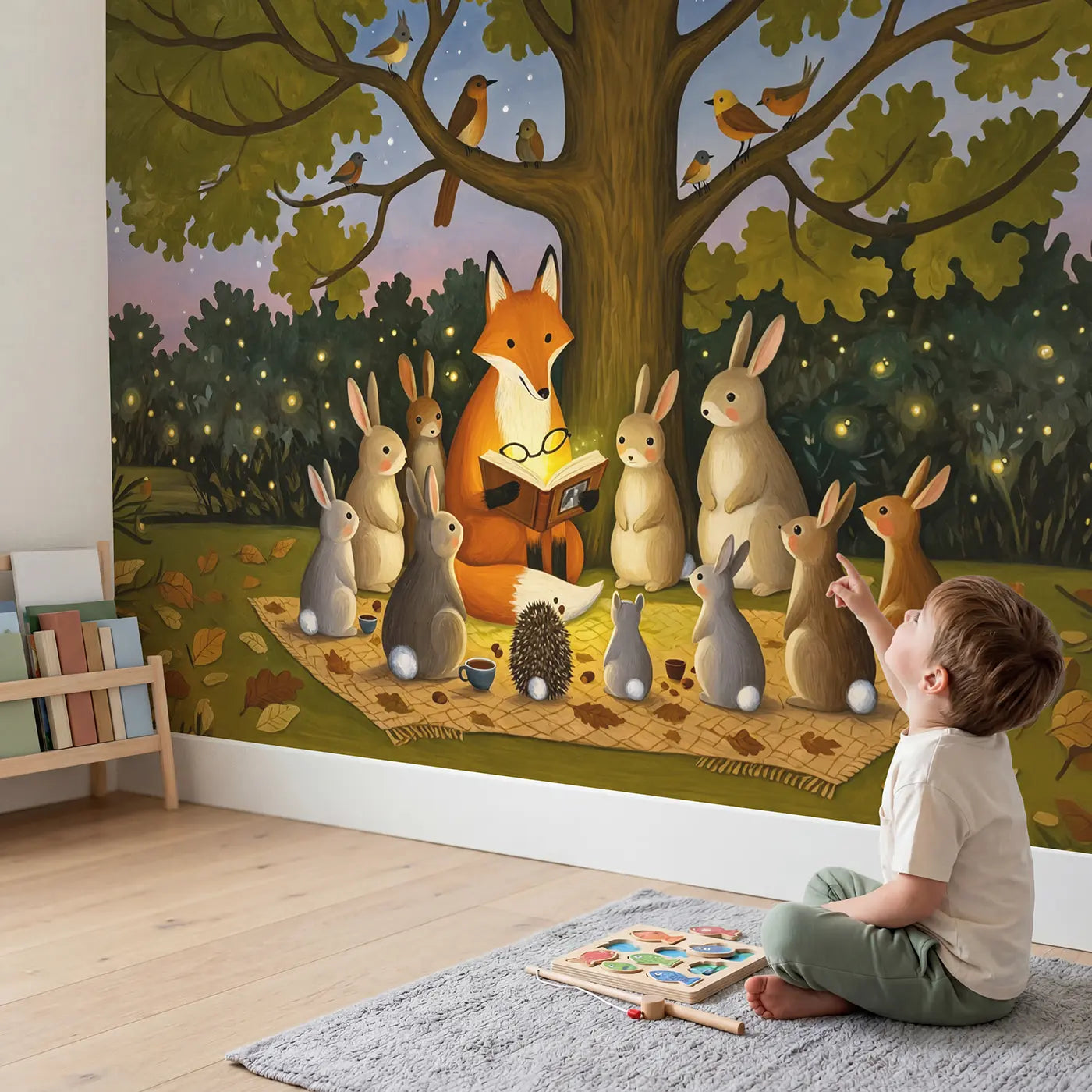Child in nursery with Fox Story Time Under Oak Wallpaper Mural by Whimsy Tots