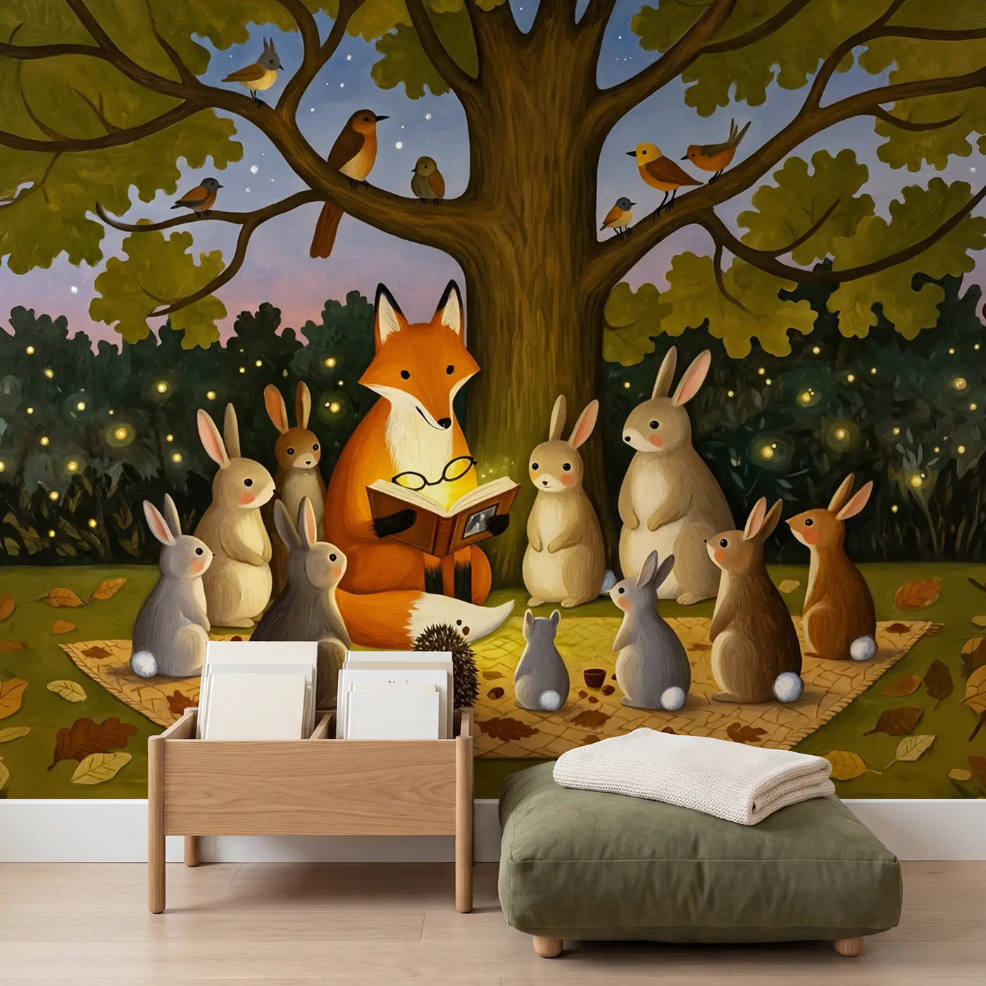 Fox Story Time Under Oak Wallpaper Mural in playroom setting by Whimsy Tots