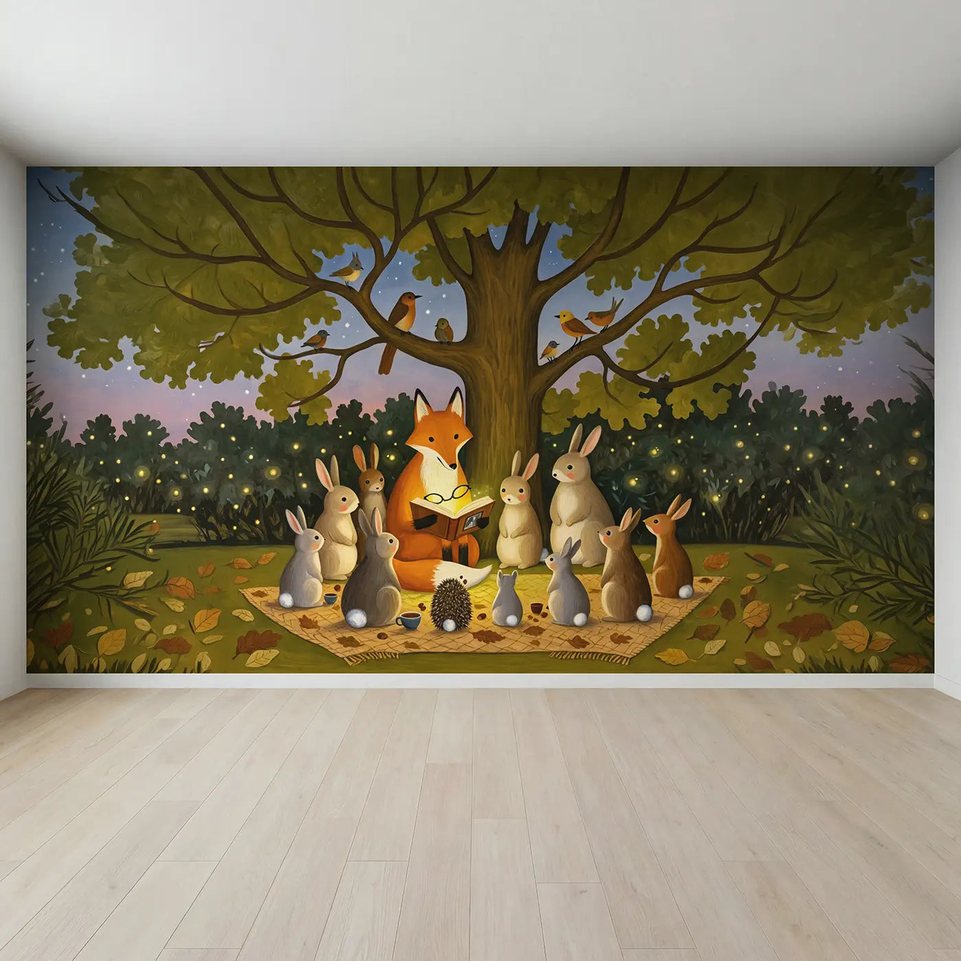 Full view of Fox Story Time Under Oak Wallpaper Mural by Whimsy Tots