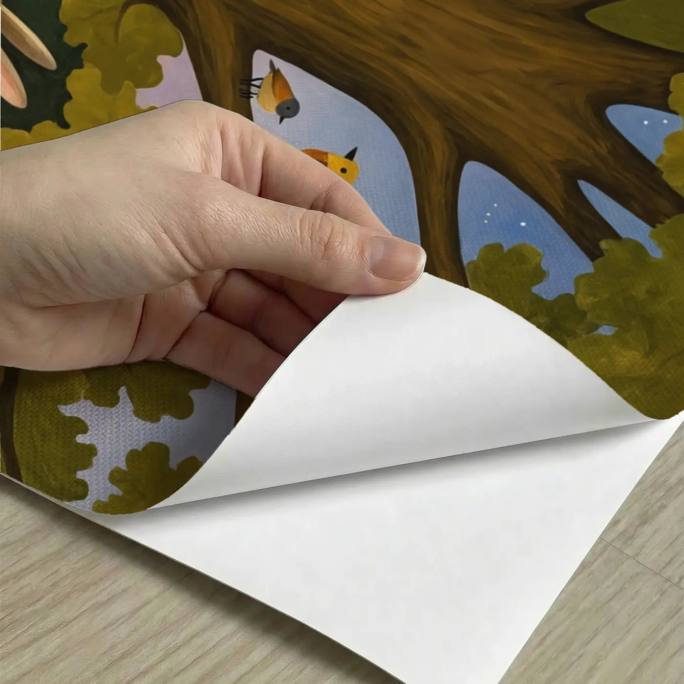 Peel-and-stick detail of Fox Story Time Under Oak Wallpaper Mural by Whimsy Tots