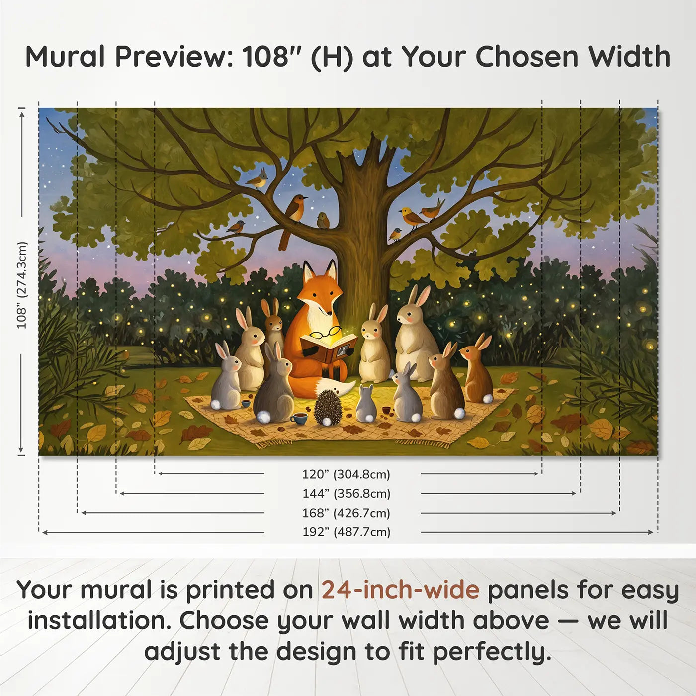 Panel layout and dimensions for Fox Story Time Under Oak Wallpaper Mural by Whimsy Tots