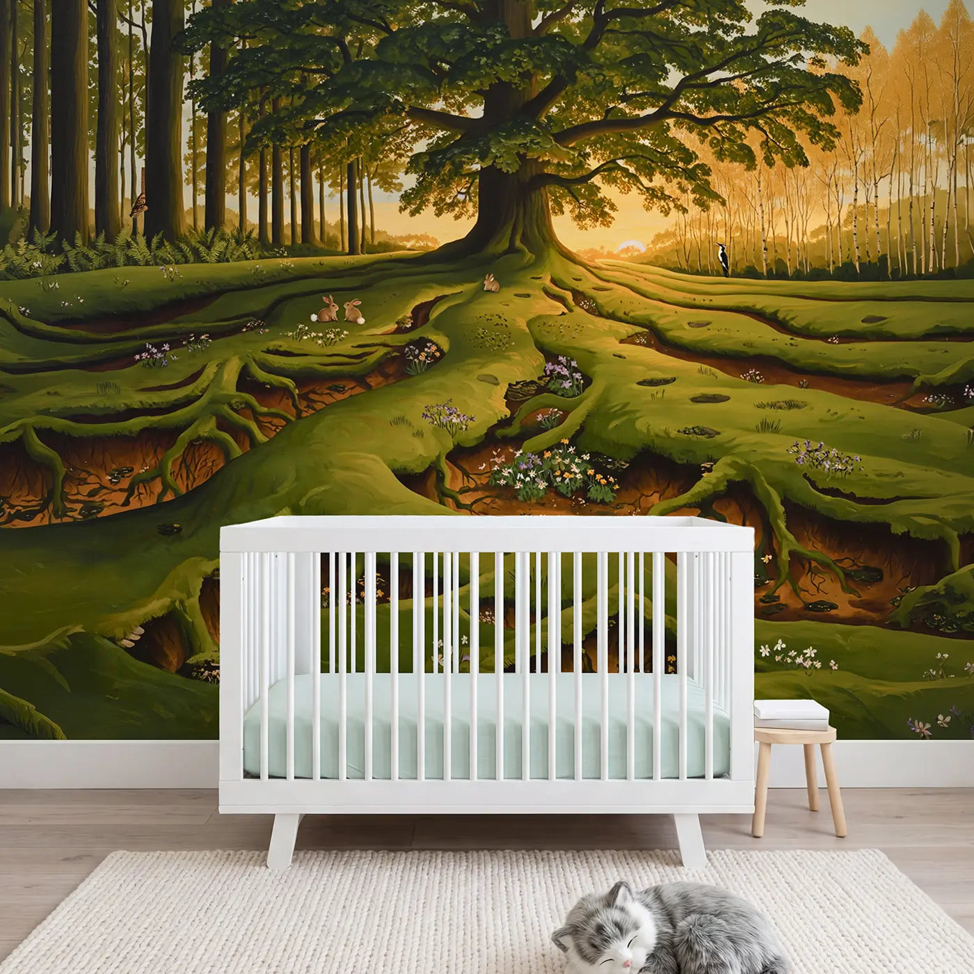 Modern illustration ancient oak glade golden hour wallpaper mural for nursery by Whimsy Tots