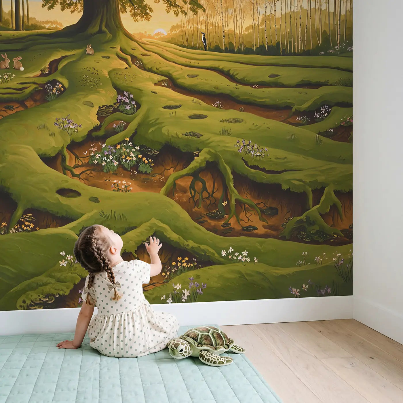 Child in nursery with Ancient Oak Glade Golden Hour Wallpaper Mural by Whimsy Tots