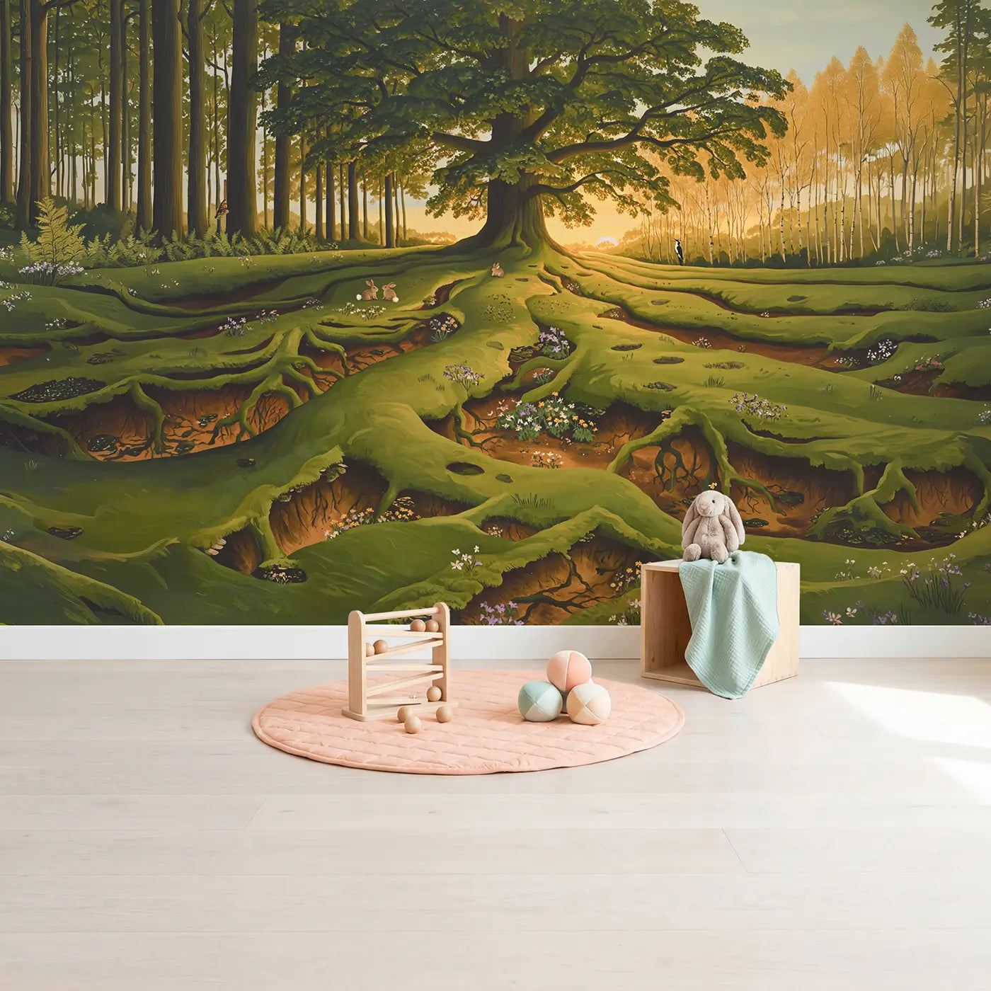 Ancient Oak Glade Golden Hour Wallpaper Mural in playroom setting by Whimsy Tots