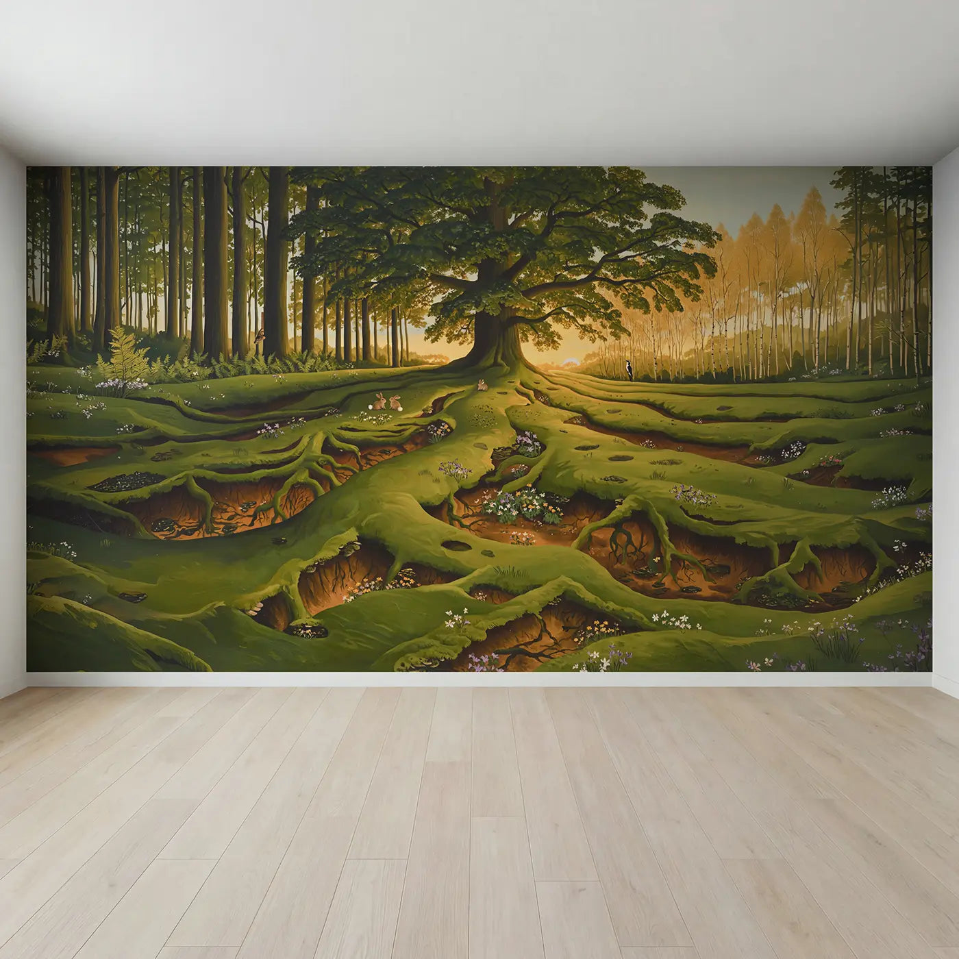 Full view of Ancient Oak Glade Golden Hour Wallpaper Mural by Whimsy Tots