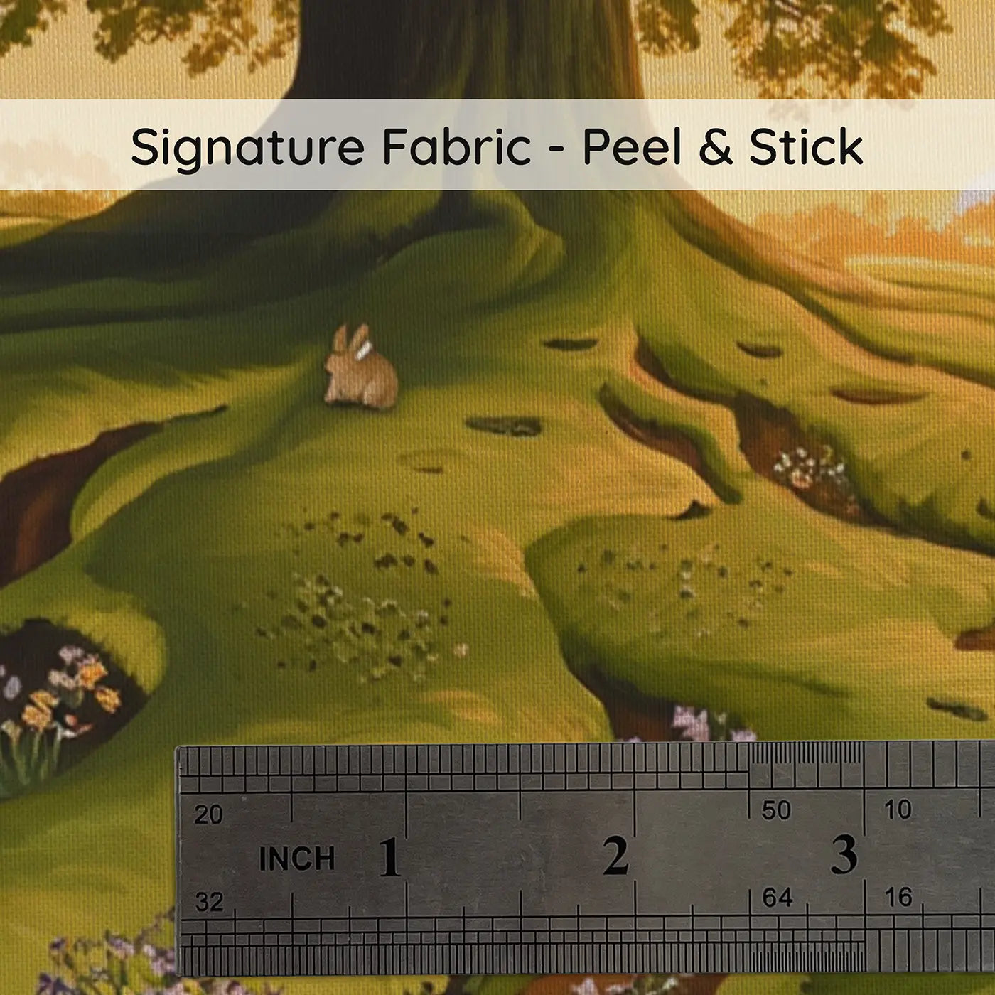Fabric texture close-up of Ancient Oak Glade Golden Hour Wallpaper Mural by Whimsy Tots