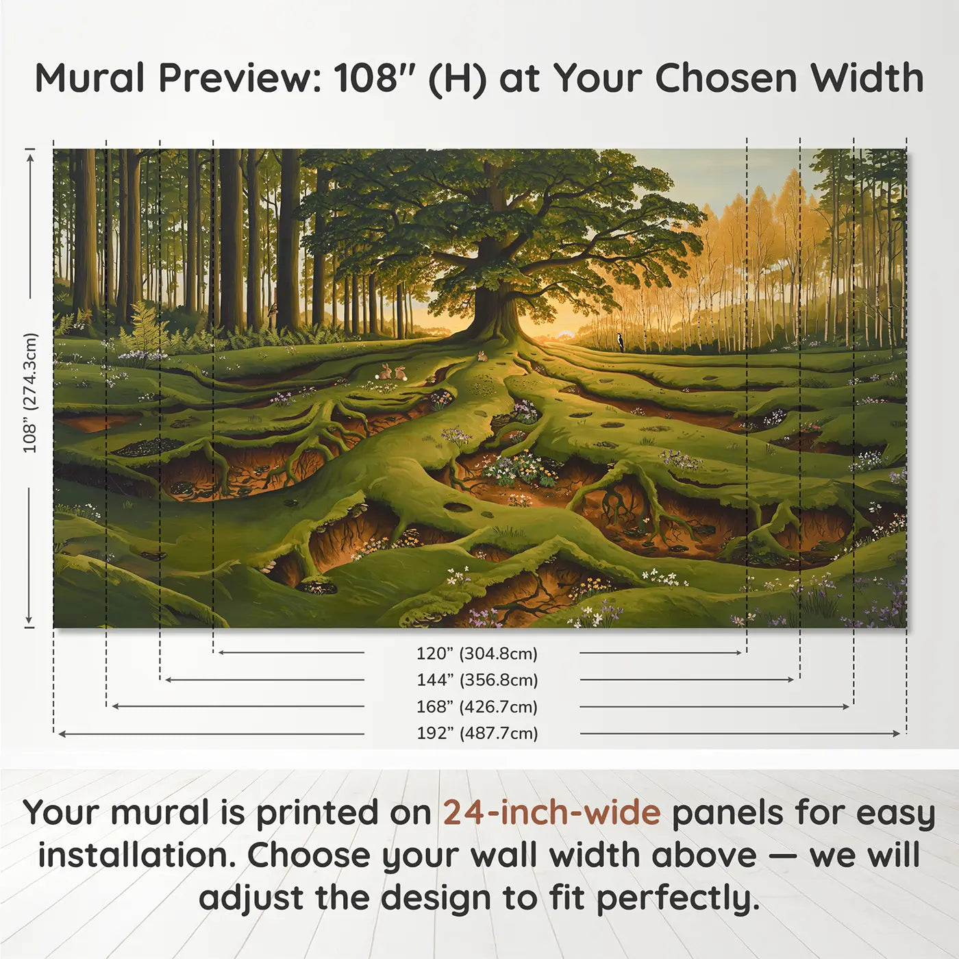 Panel layout and dimensions for Ancient Oak Glade Golden Hour Wallpaper Mural by Whimsy Tots