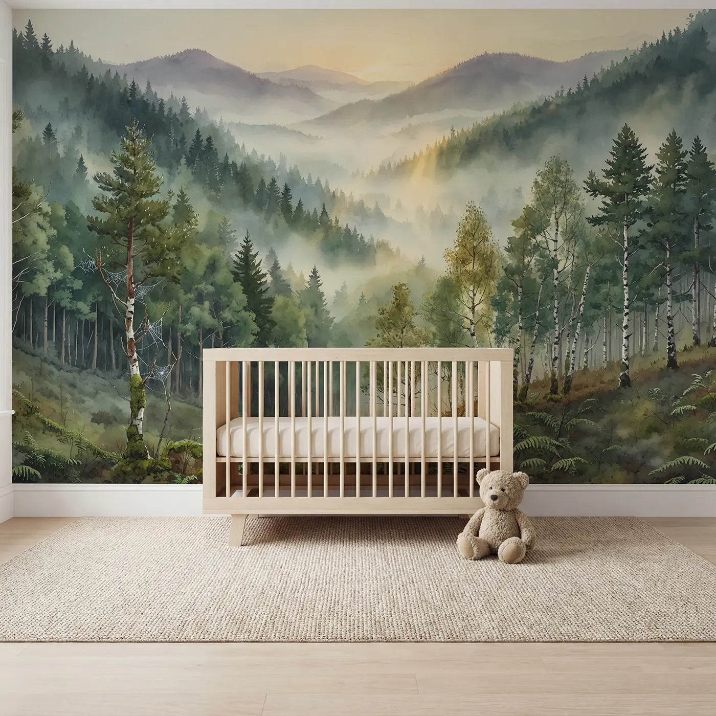 Watercolor misty valley sunrise forest wallpaper mural for kids room by Whimsy Tots