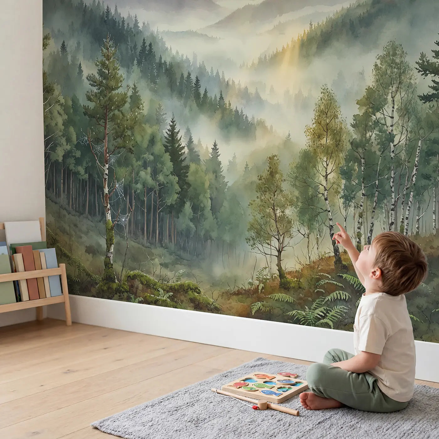 Child in nursery with Misty Valley Sunrise Forest Wallpaper Mural by Whimsy Tots