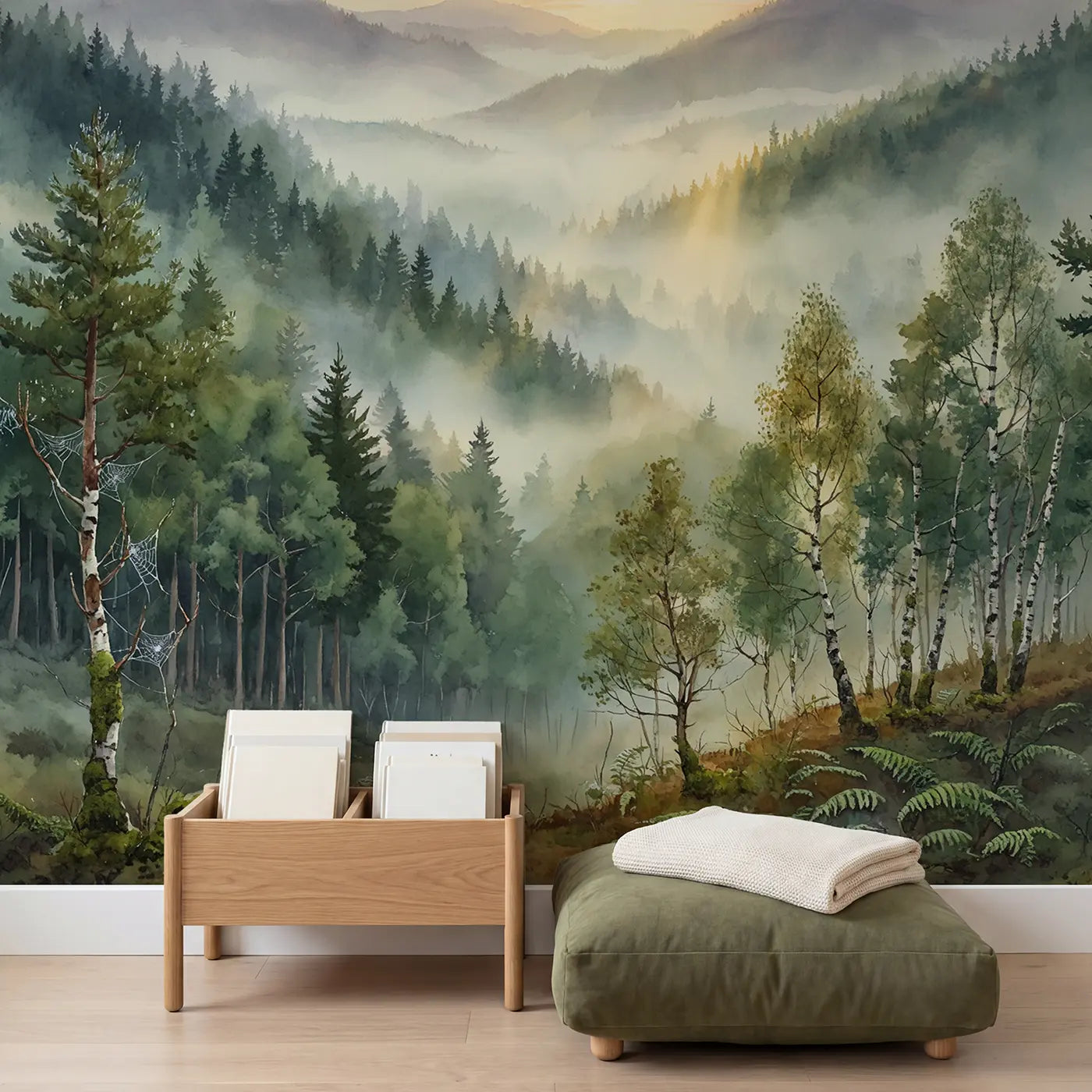Misty Valley Sunrise Forest Wallpaper Mural in playroom setting by Whimsy Tots